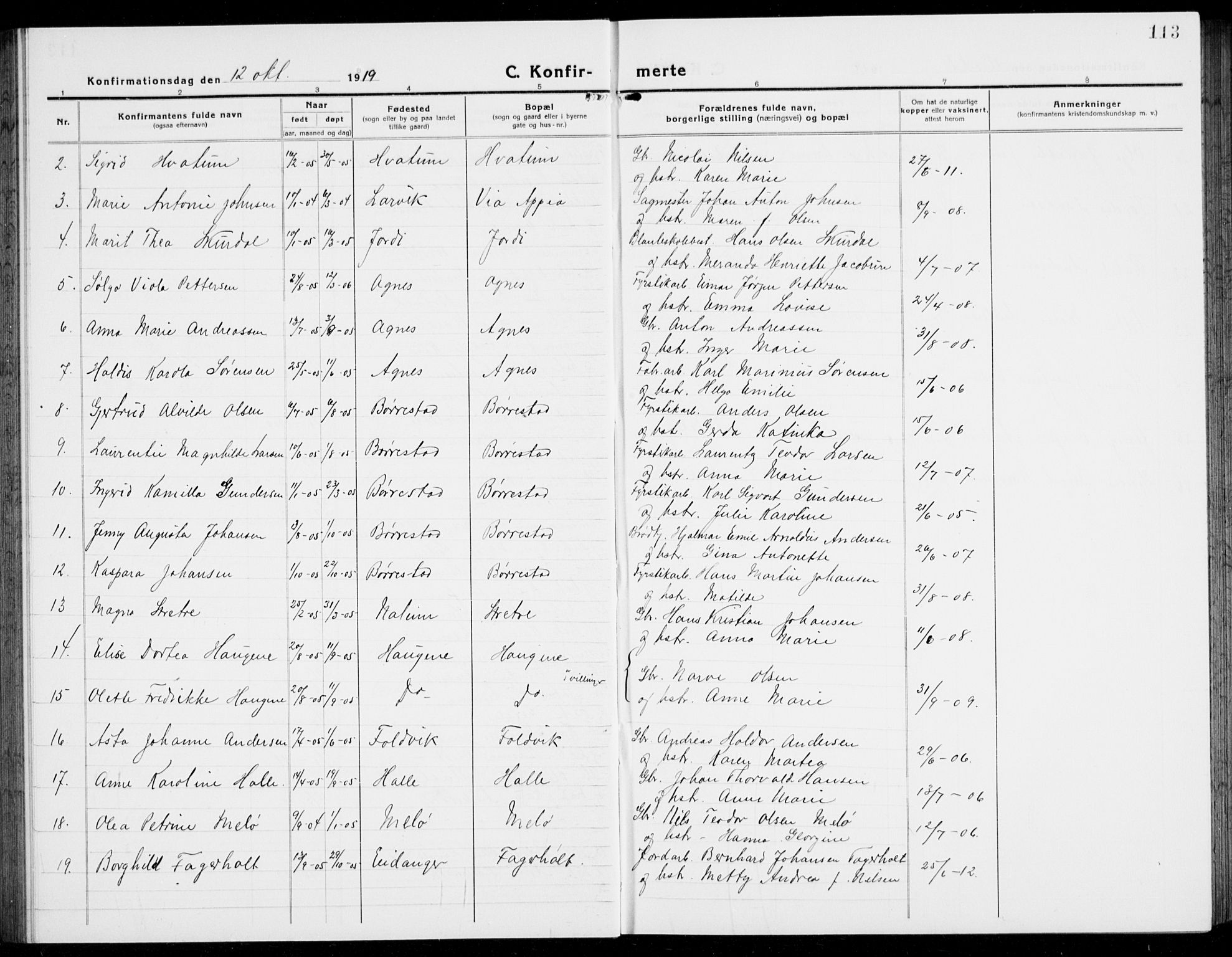 Brunlanes kirkebøker, SAKO/A-342/G/Ga/L0005: Parish register (copy) no. I 5, 1918-1941, p. 113