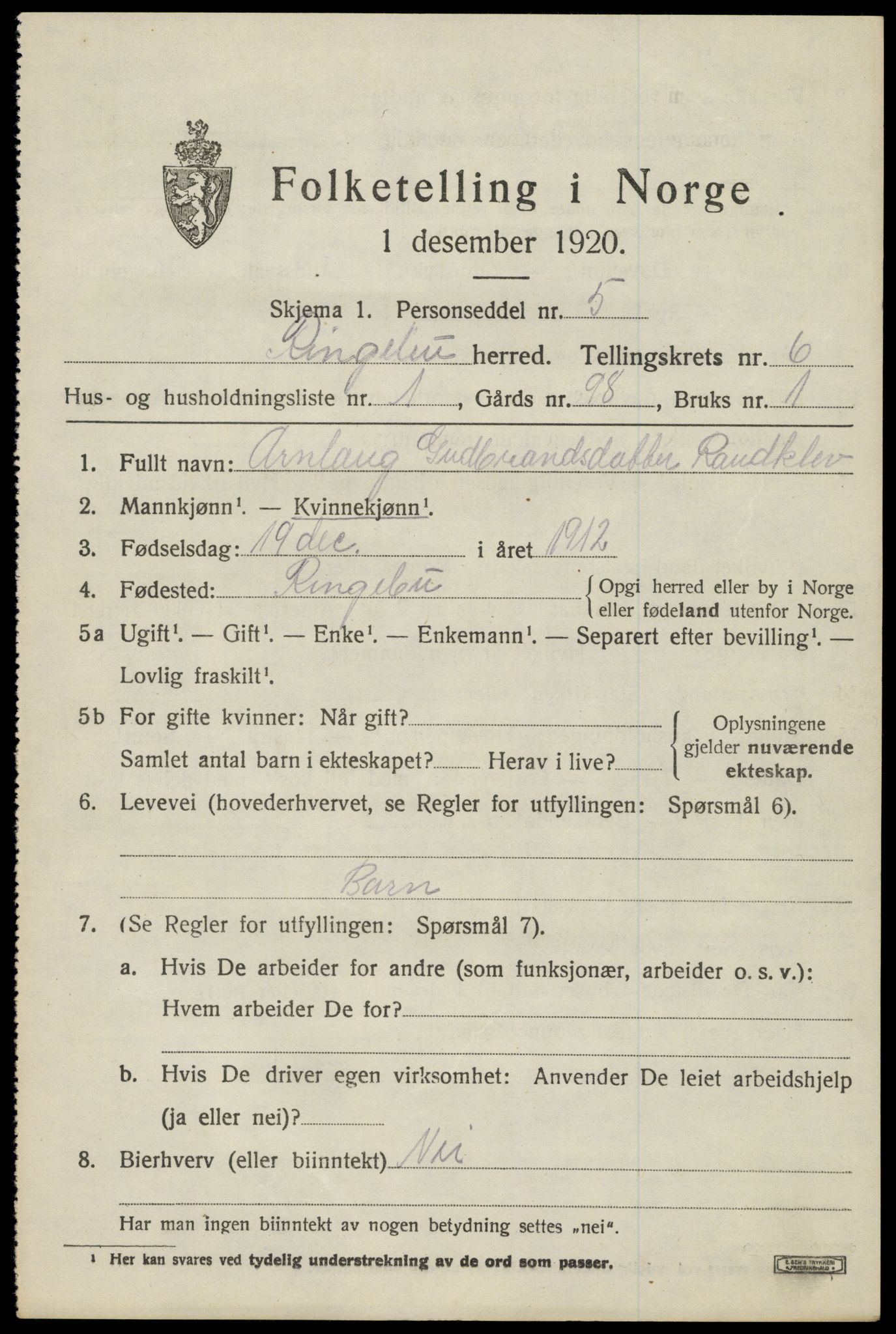 SAH, 1920 census for Ringebu, 1920, p. 7069