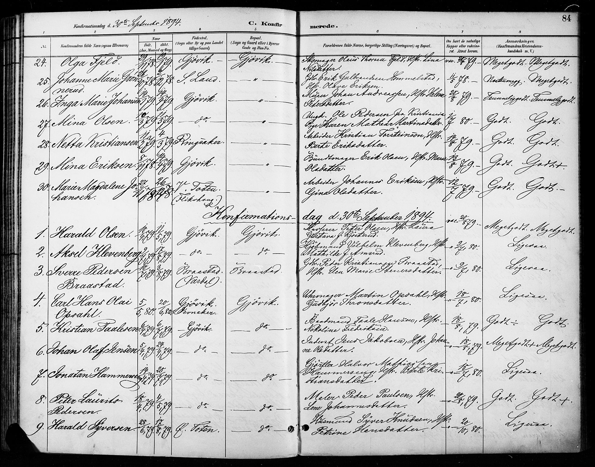 Vardal prestekontor, AV/SAH-PREST-100/H/Ha/Haa/L0011: Parish register (official) no. 11, 1891-1901, p. 84