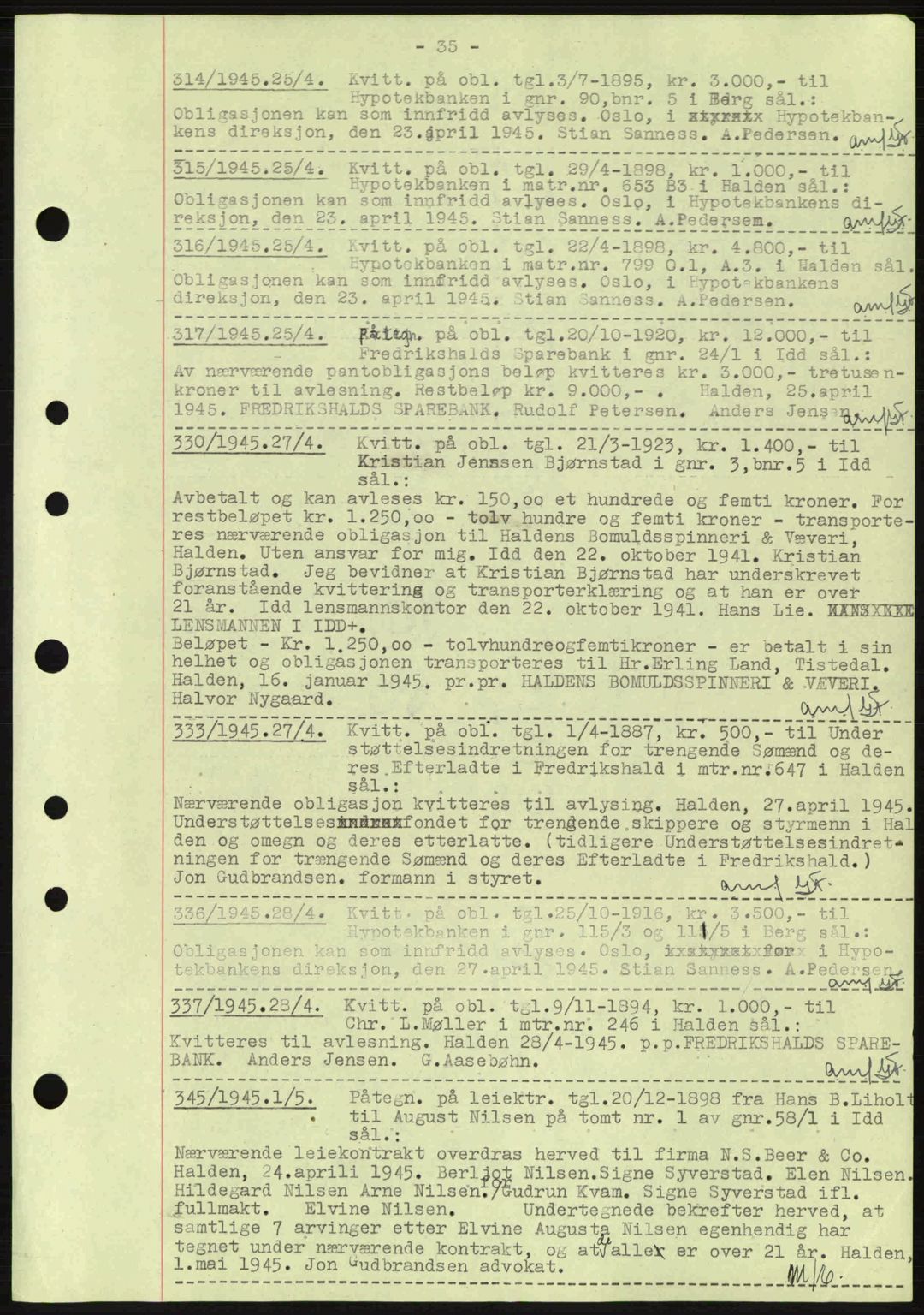 Idd og Marker sorenskriveri, AV/SAO-A-10283/G/Gb/Gbc/L0002: Mortgage book no. B4-9a, 1939-1945, Diary no: : 314/1945