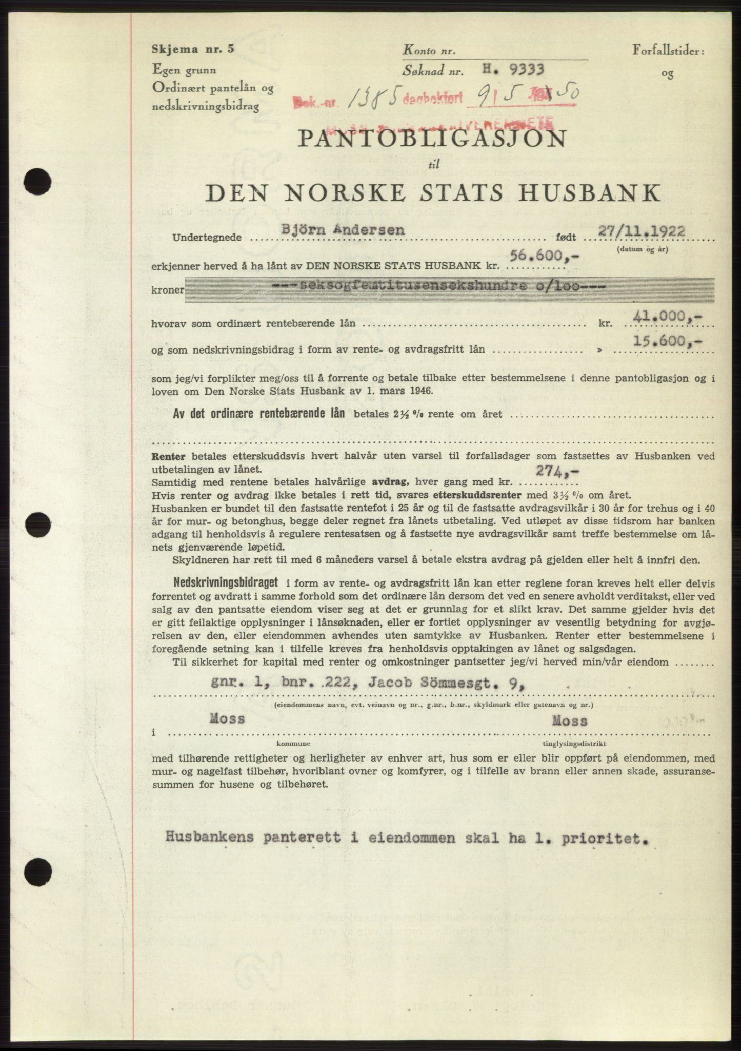 Moss sorenskriveri, AV/SAO-A-10168: Mortgage book no. B24, 1950-1950, Diary no: : 1385/1950