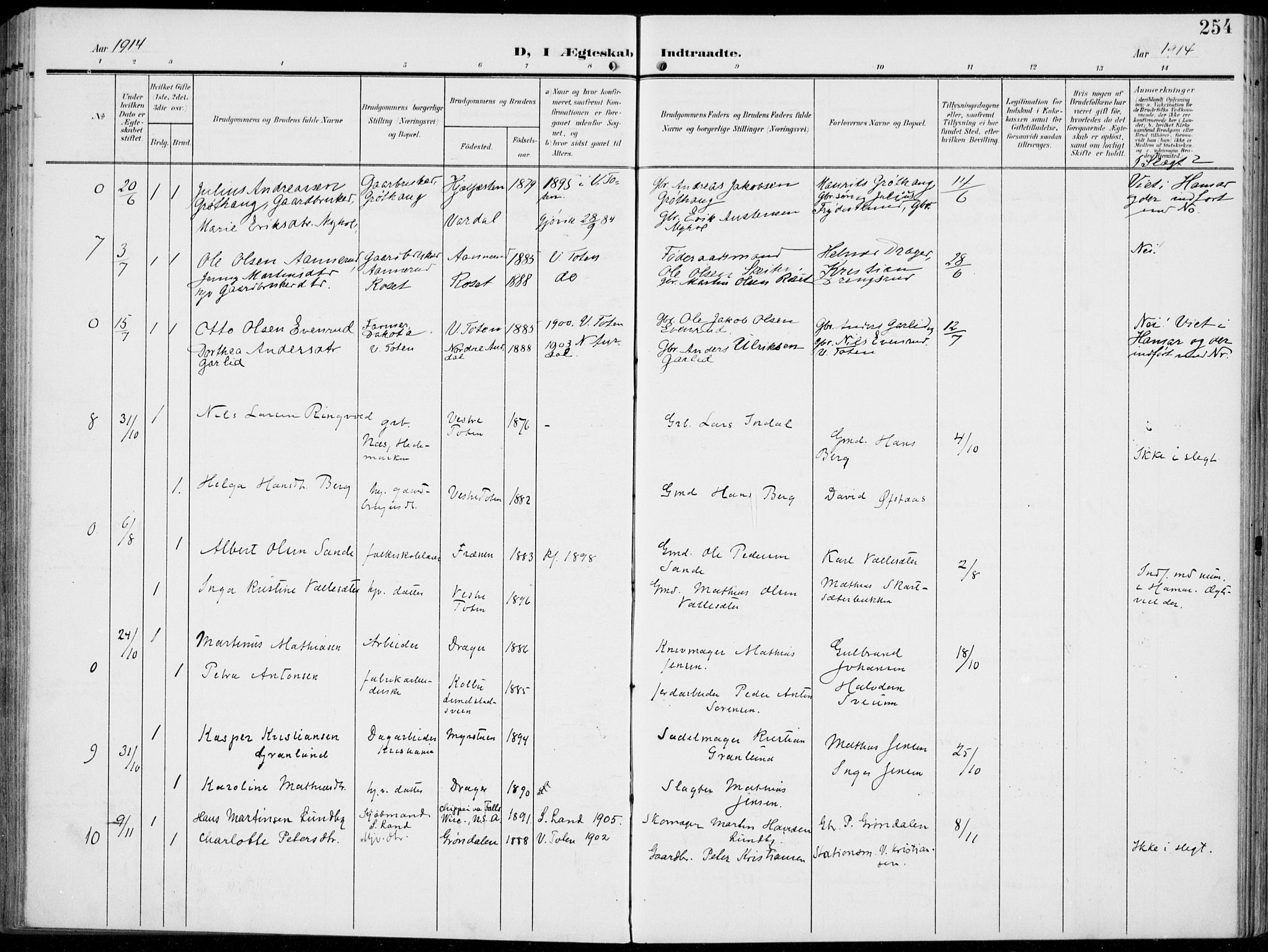 Vestre Toten prestekontor, AV/SAH-PREST-108/H/Ha/Haa/L0014: Parish register (official) no. 14, 1907-1920, p. 254