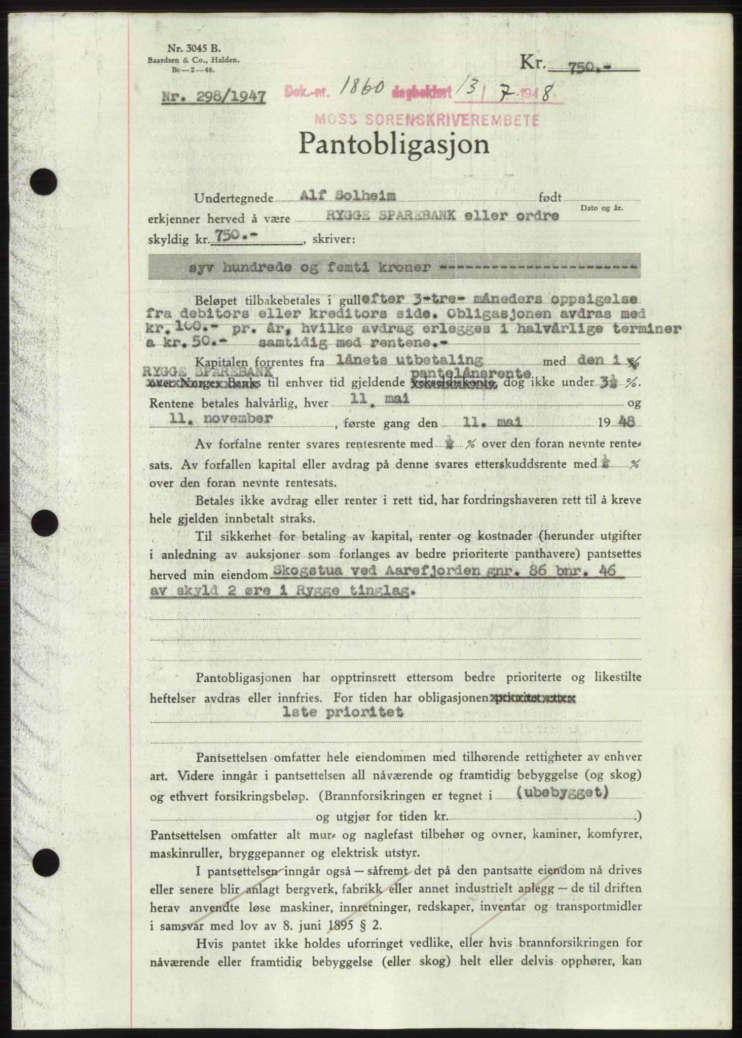 Moss sorenskriveri, AV/SAO-A-10168: Mortgage book no. B20, 1948-1948, Diary no: : 1860/1948