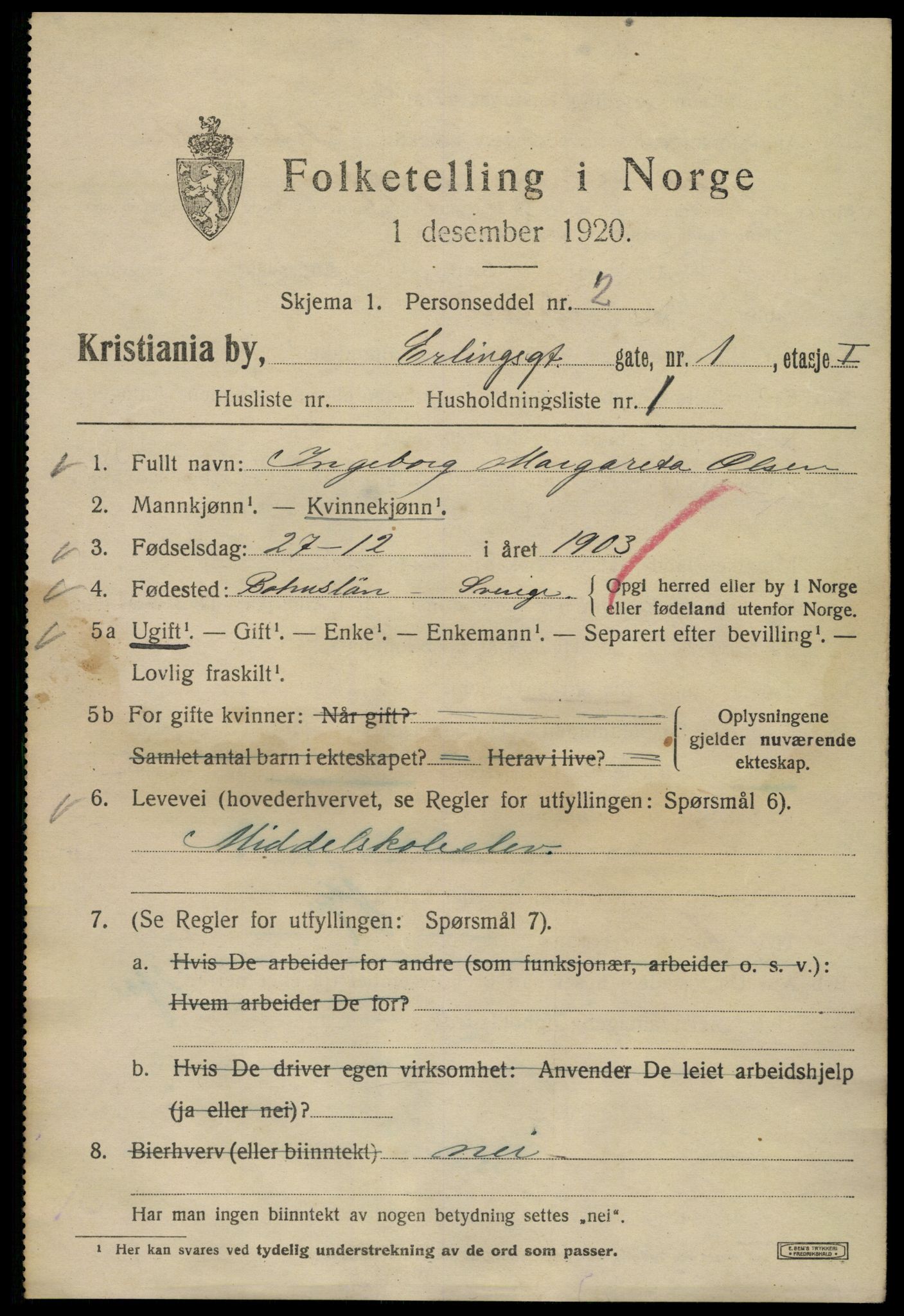 SAO, 1920 census for Kristiania, 1920, p. 222893