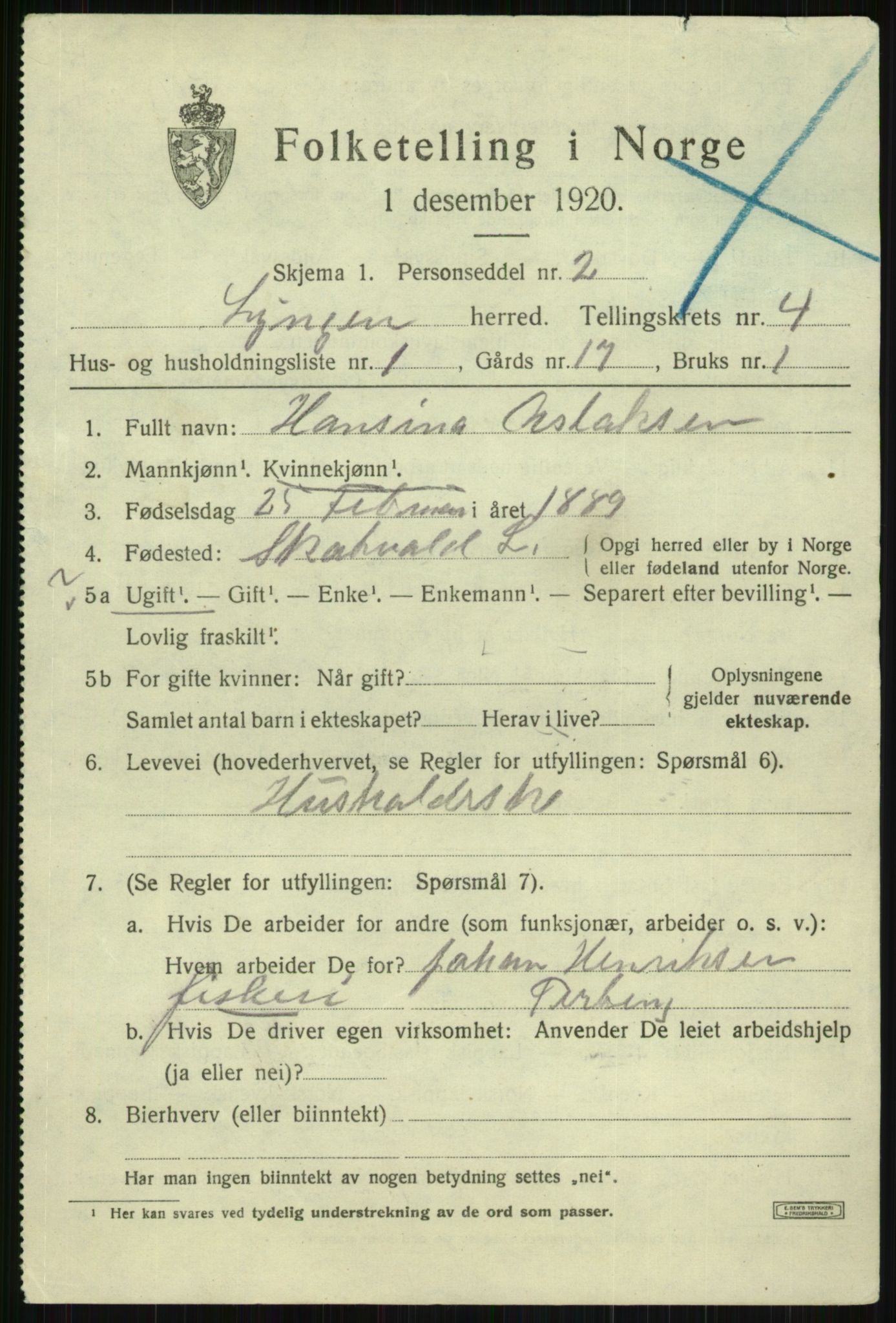 SATØ, 1920 census for Lyngen, 1920, p. 4025