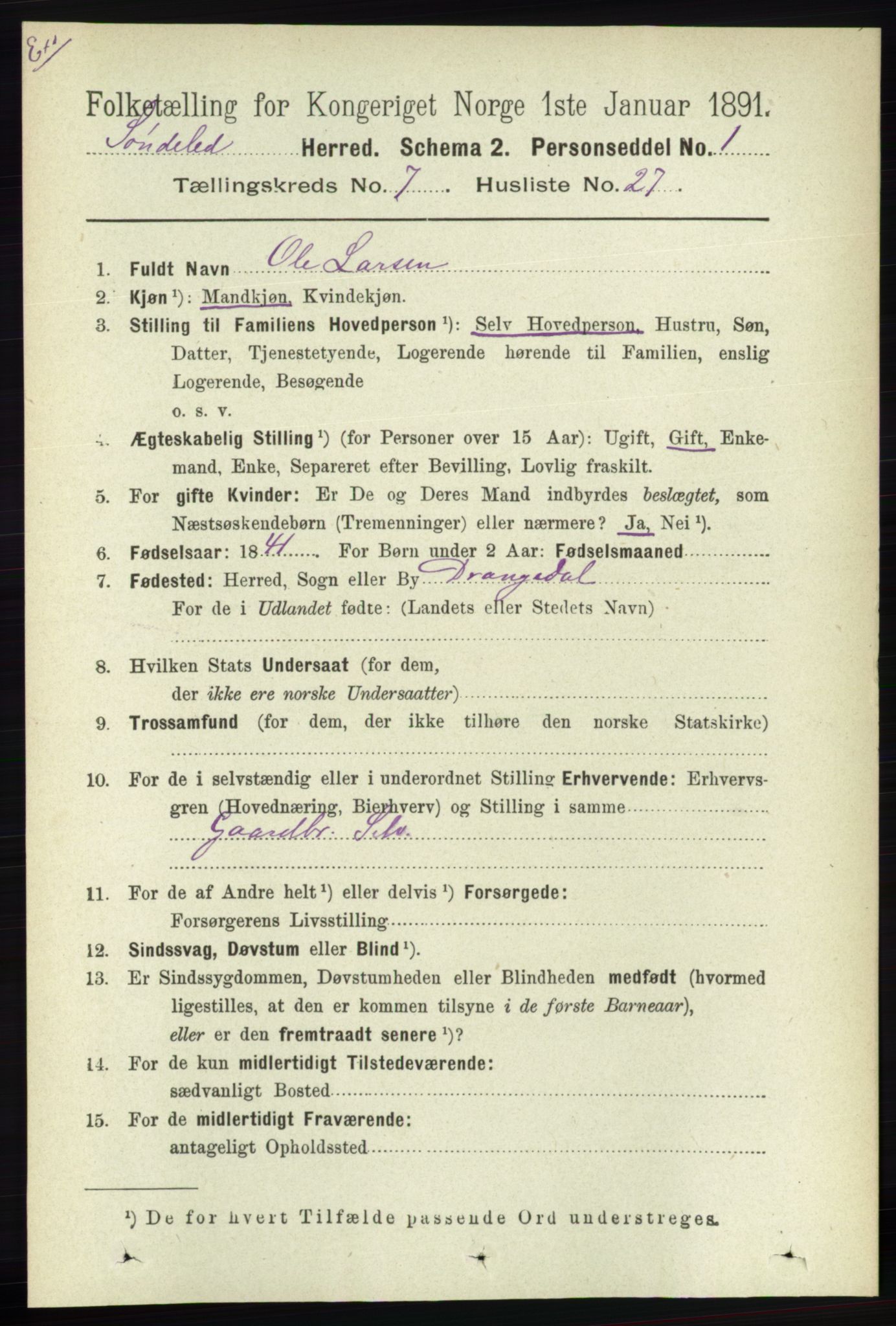RA, Census 1891 for Nedenes amt: Gjenparter av personsedler for beslektede ektefeller, menn, 1891, p. 140