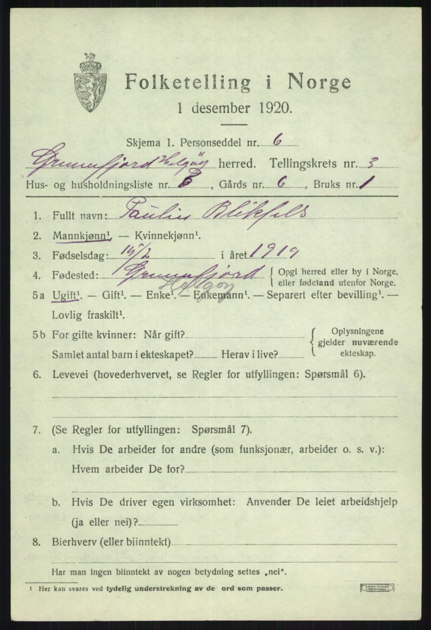 SATØ, 1920 census for Helgøy, 1920, p. 1419