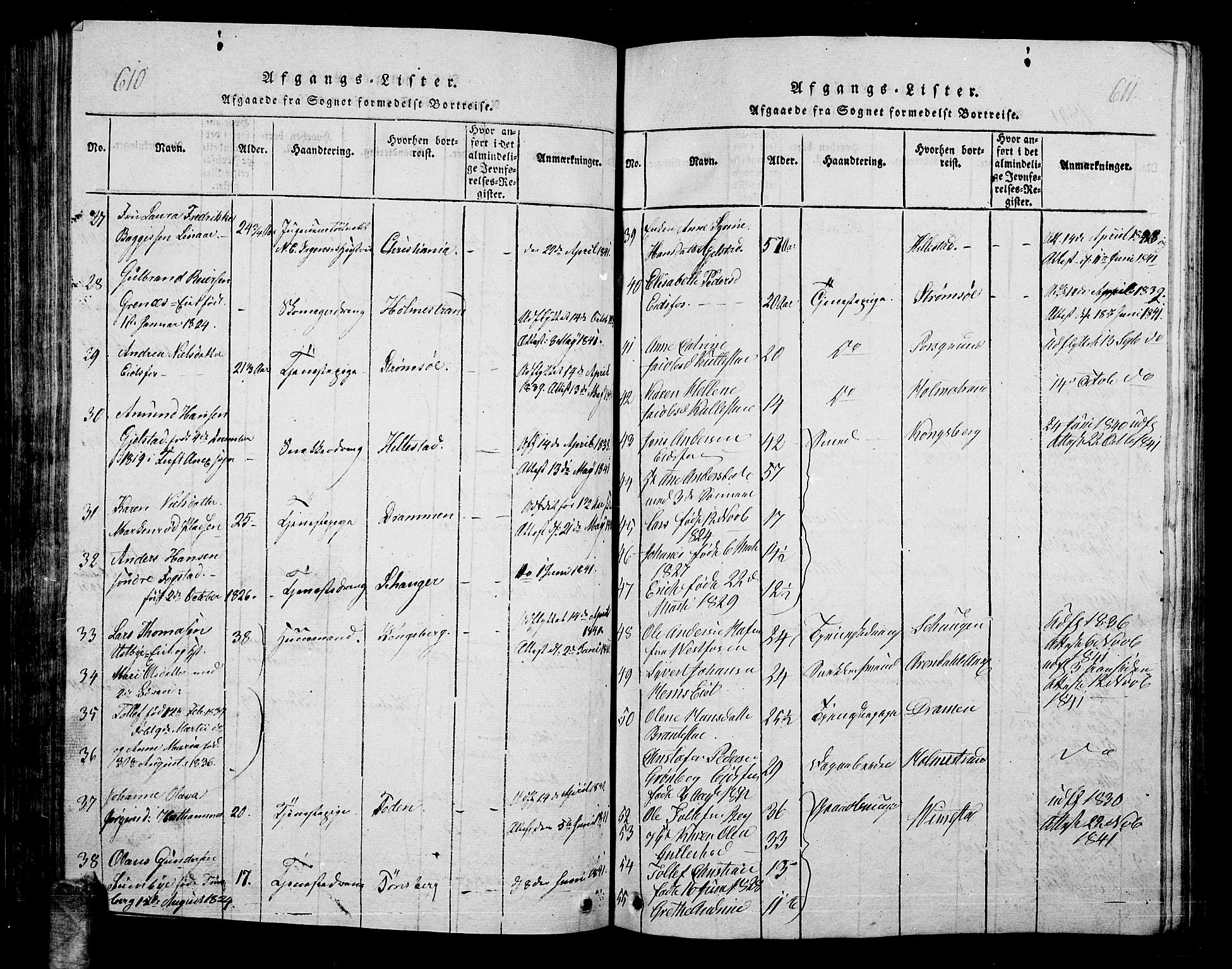 Hof kirkebøker, AV/SAKO-A-64/G/Ga/L0001: Parish register (copy) no. I 1, 1814-1844, p. 610-611