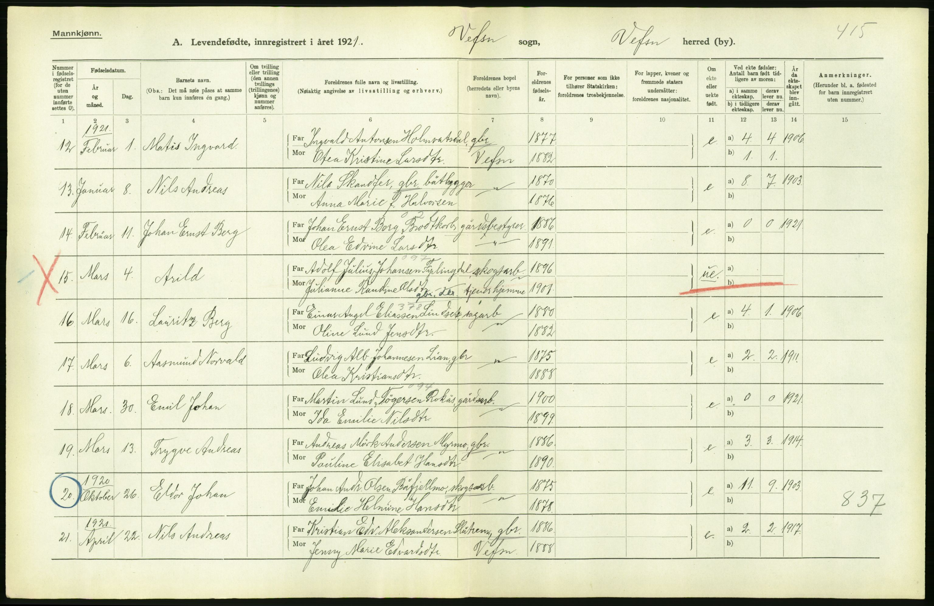 Statistisk sentralbyrå, Sosiodemografiske emner, Befolkning, AV/RA-S-2228/D/Df/Dfc/Dfca/L0049: Nordland fylke: Levendefødte menn og kvinner. Bygder., 1921, p. 516