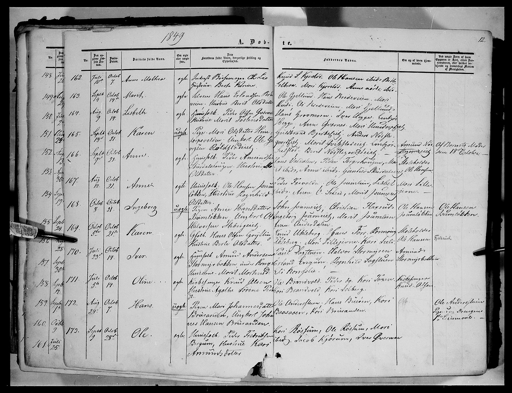 Sør-Fron prestekontor, AV/SAH-PREST-010/H/Ha/Haa/L0001: Parish register (official) no. 1, 1849-1863, p. 12