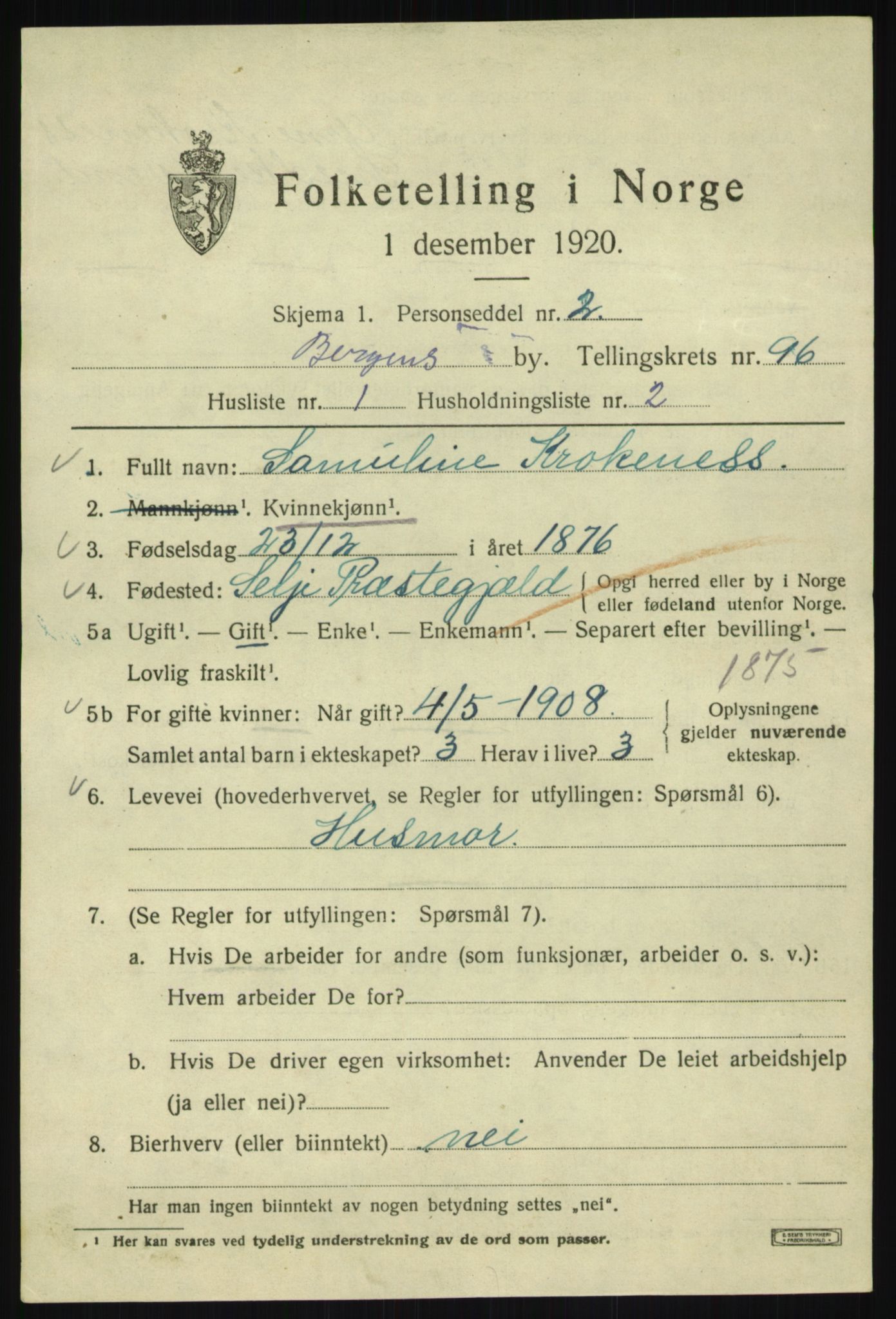 SAB, 1920 census for Bergen, 1920, p. 169894