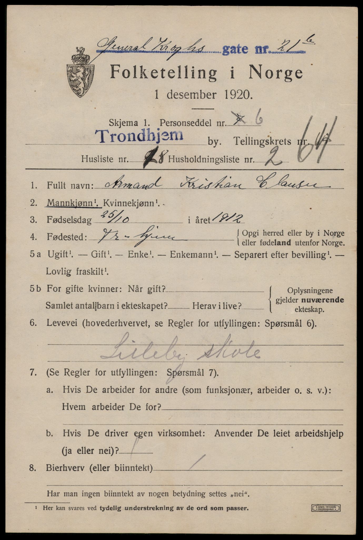 SAT, 1920 census for Trondheim, 1920, p. 129208