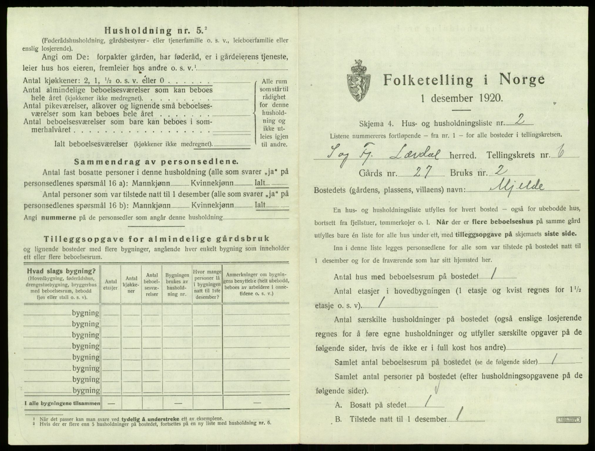 SAB, 1920 census for Lærdal, 1920, p. 424