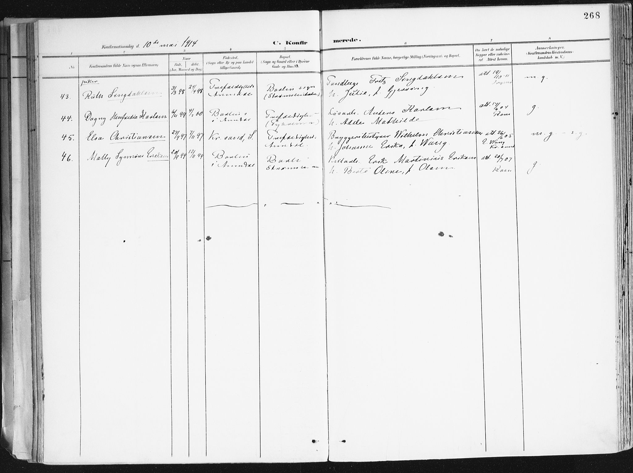 Arendal sokneprestkontor, Trefoldighet, SAK/1111-0040/F/Fa/L0010: Parish register (official) no. A 10, 1900-1919, p. 268