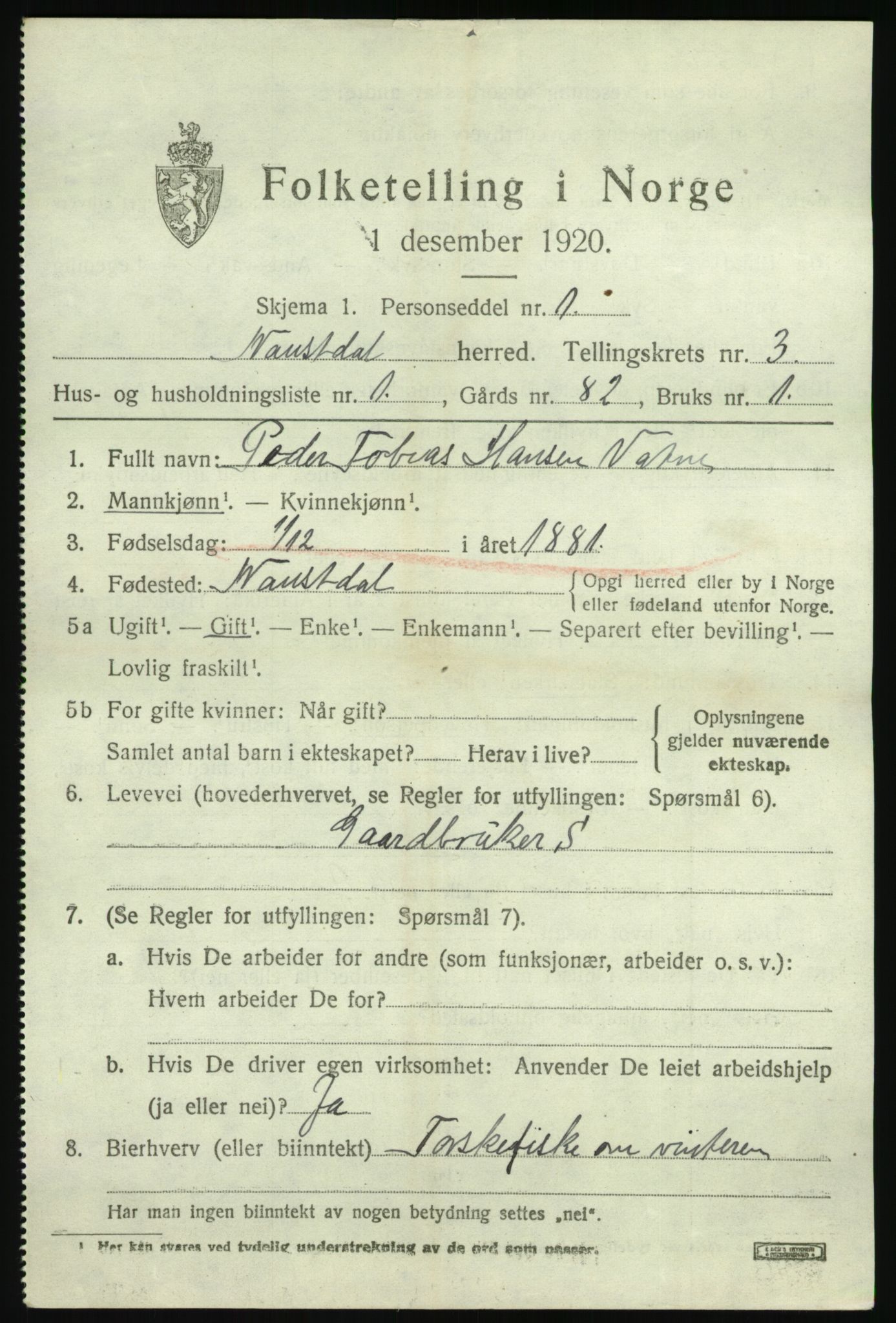 SAB, 1920 census for Naustdal, 1920, p. 1715