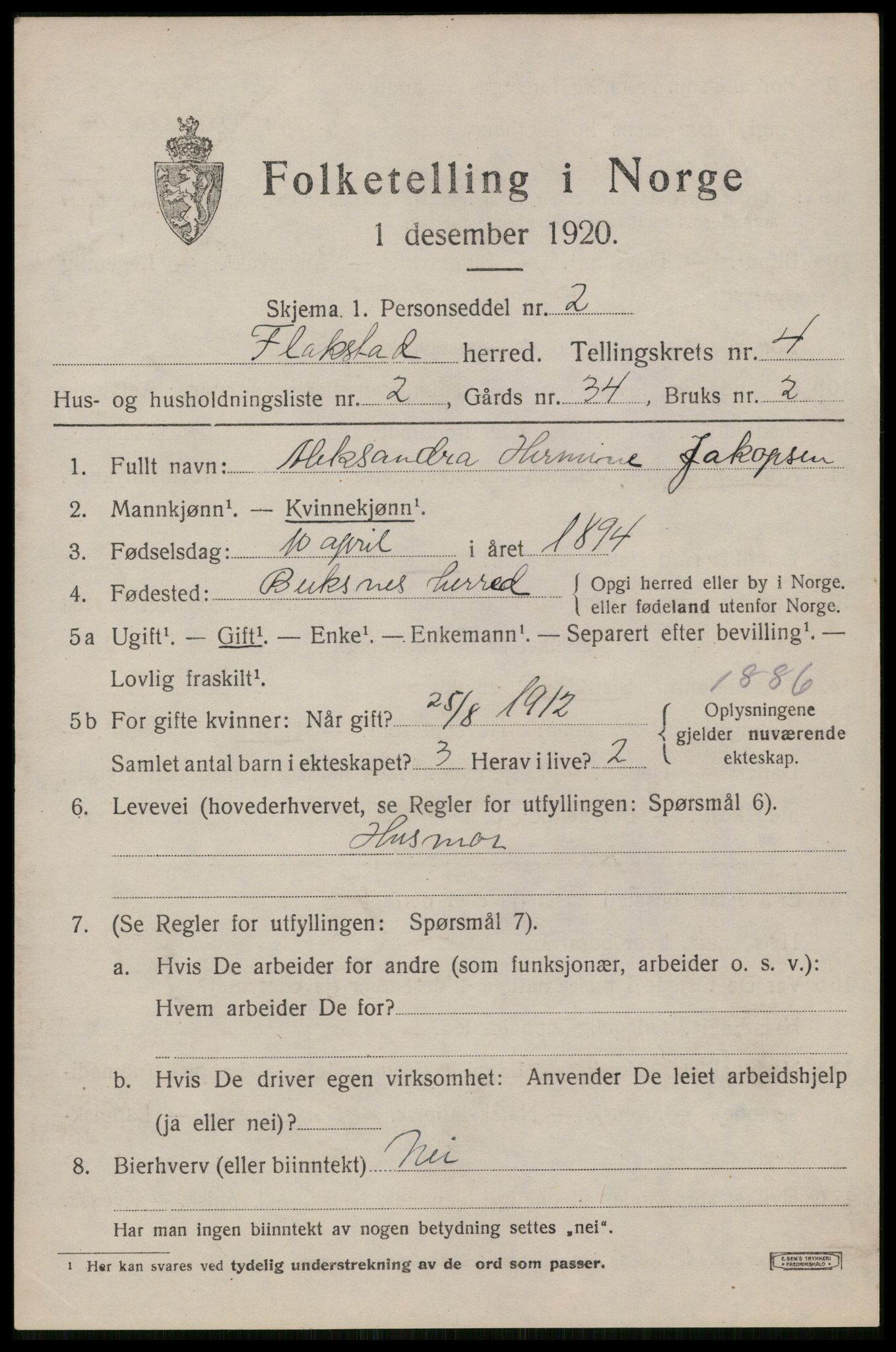 SAT, 1920 census for Flakstad, 1920, p. 2843