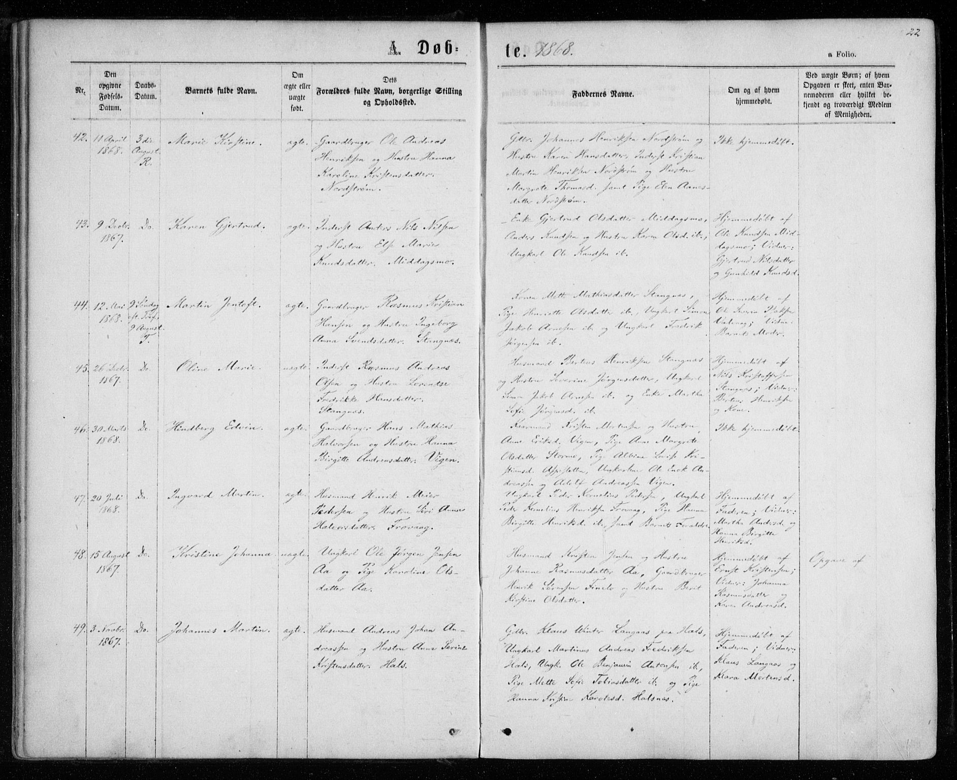 Tranøy sokneprestkontor, SATØ/S-1313/I/Ia/Iaa/L0008kirke: Parish register (official) no. 8, 1867-1877, p. 22