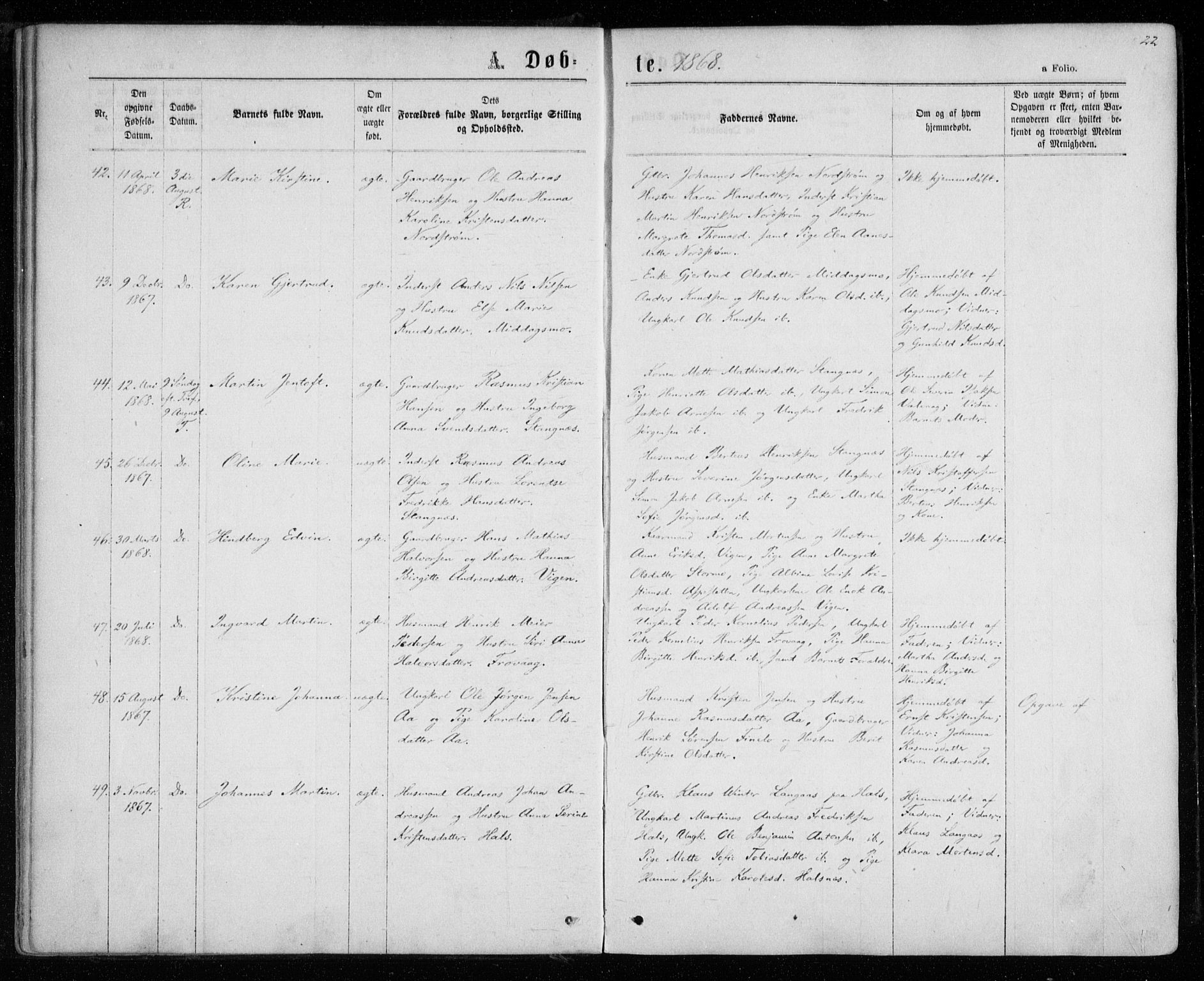 Tranøy sokneprestkontor, AV/SATØ-S-1313/I/Ia/Iaa/L0008kirke: Parish register (official) no. 8, 1867-1877, p. 22