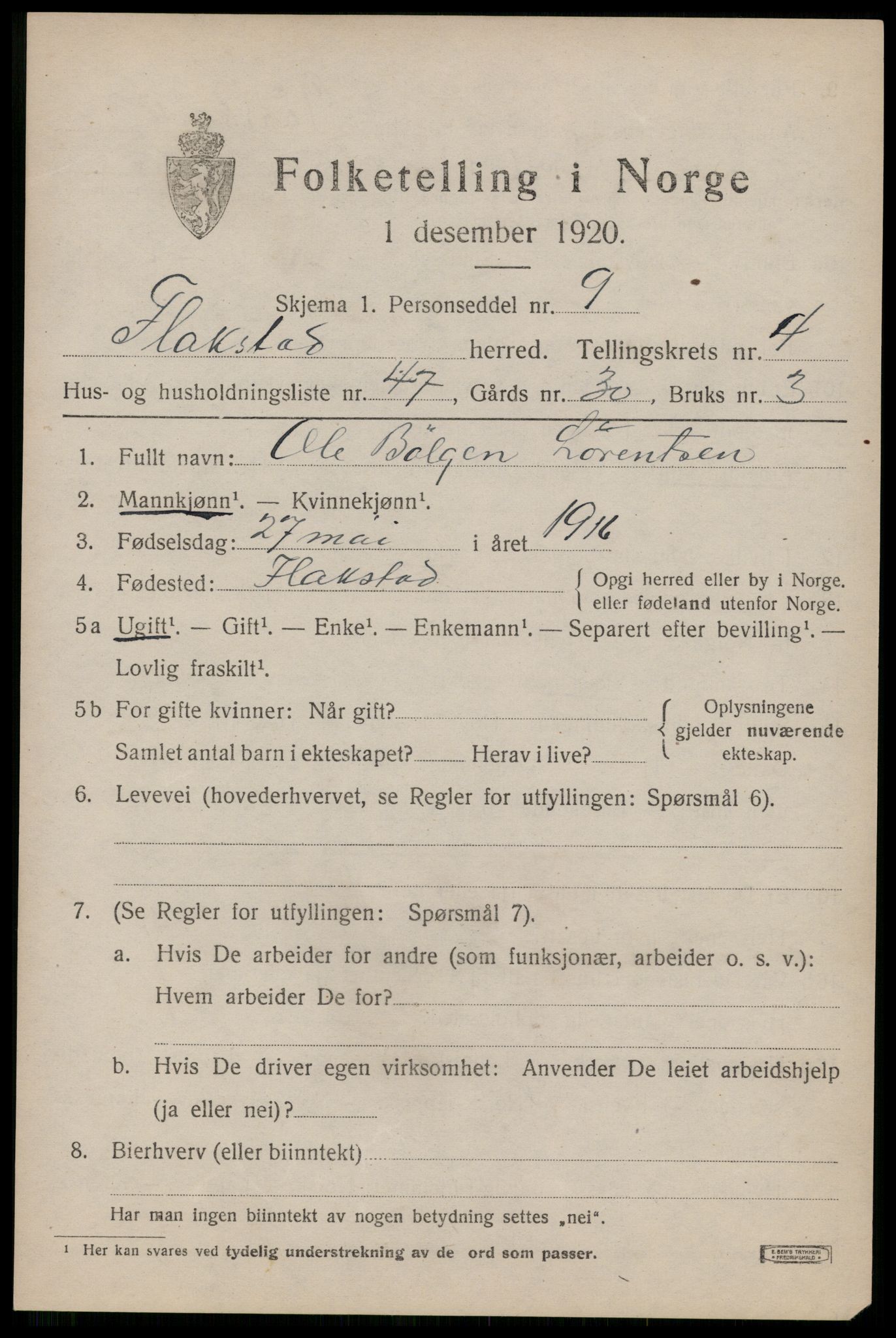 SAT, 1920 census for Flakstad, 1920, p. 3477