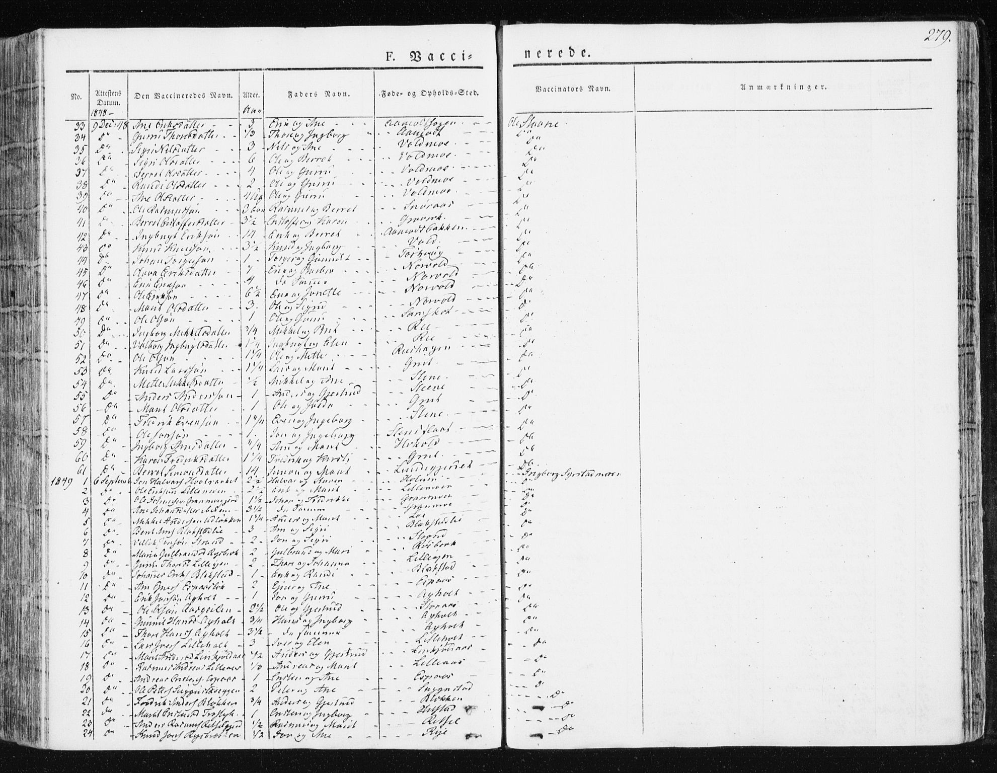 Ministerialprotokoller, klokkerbøker og fødselsregistre - Sør-Trøndelag, AV/SAT-A-1456/672/L0855: Parish register (official) no. 672A07, 1829-1860, p. 279