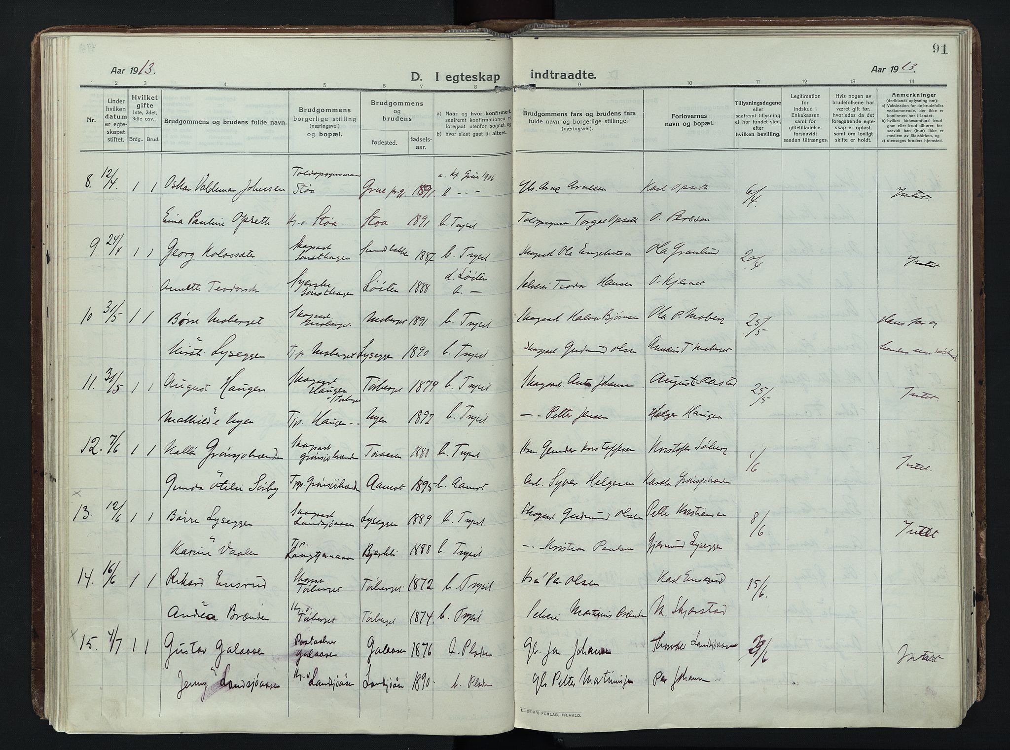 Trysil prestekontor, SAH/PREST-046/H/Ha/Haa/L0014: Parish register (official) no. 14, 1912-1923, p. 91