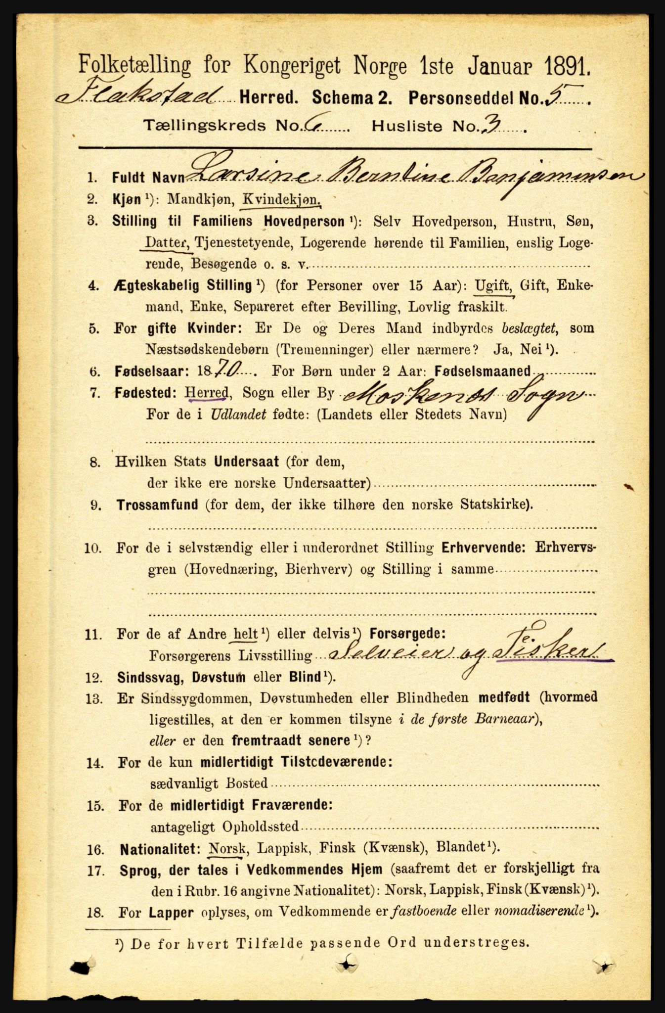 RA, 1891 census for 1859 Flakstad, 1891, p. 2961