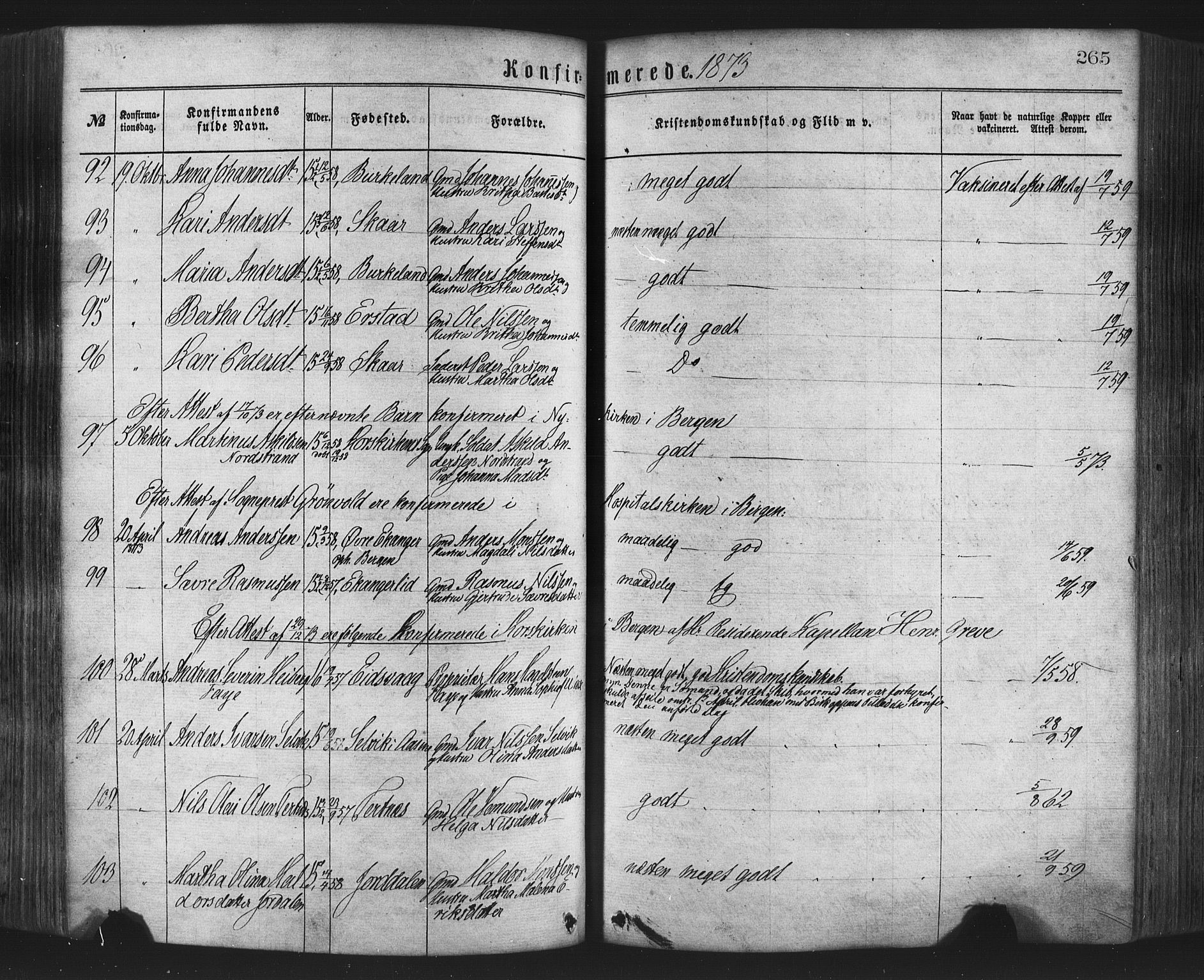 Hamre sokneprestembete, AV/SAB-A-75501/H/Ha/Haa/Haaa/L0015: Parish register (official) no. A 15, 1870-1881, p. 265