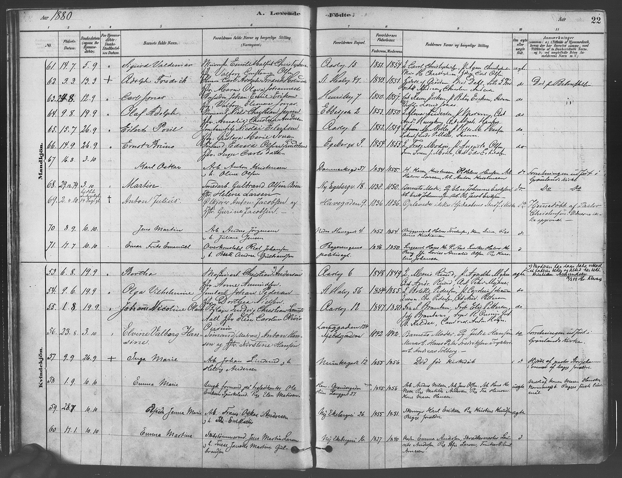 Gamlebyen prestekontor Kirkebøker, AV/SAO-A-10884/F/Fa/L0005: Parish register (official) no. 5, 1878-1889, p. 22