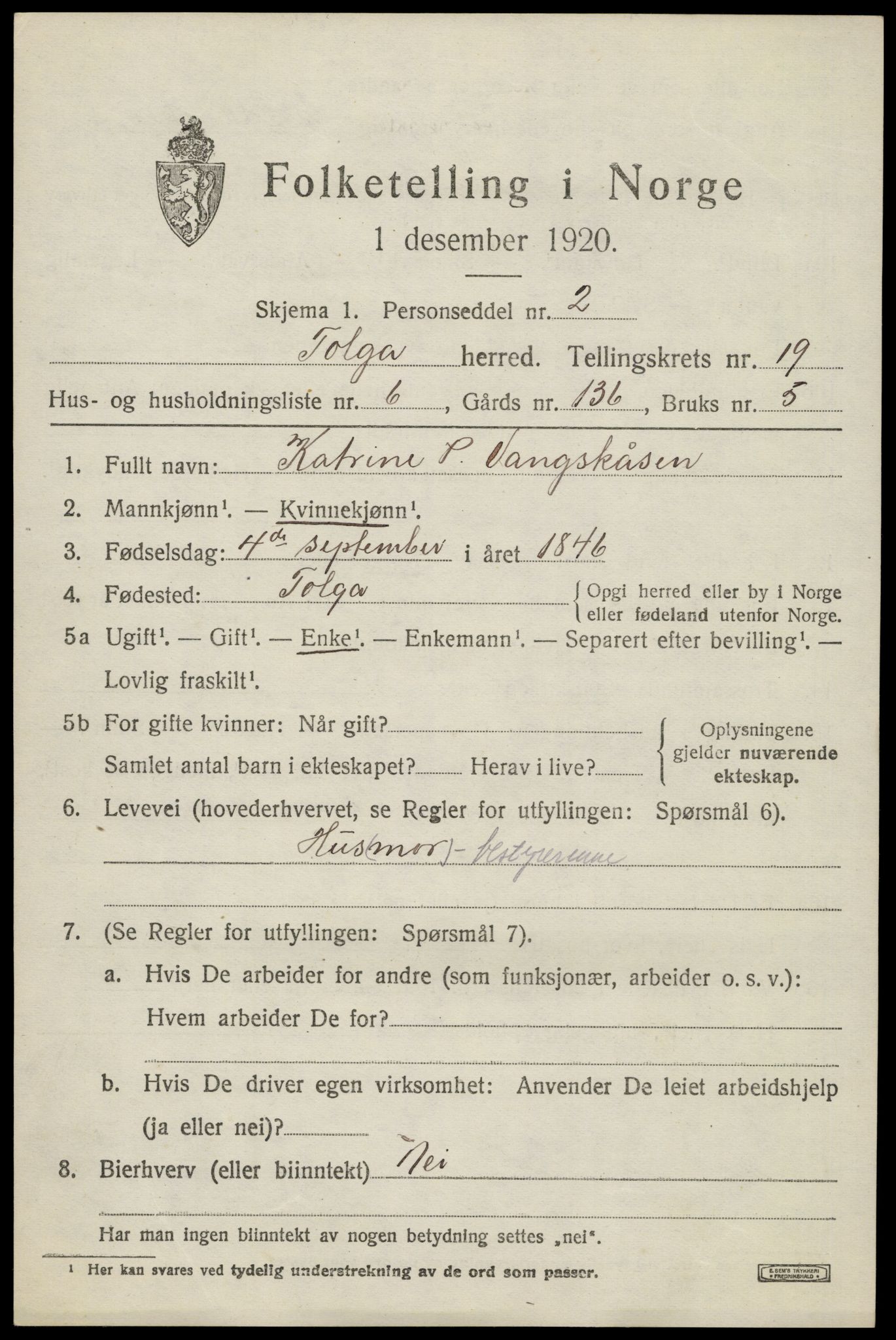 SAH, 1920 census for Tolga, 1920, p. 8541