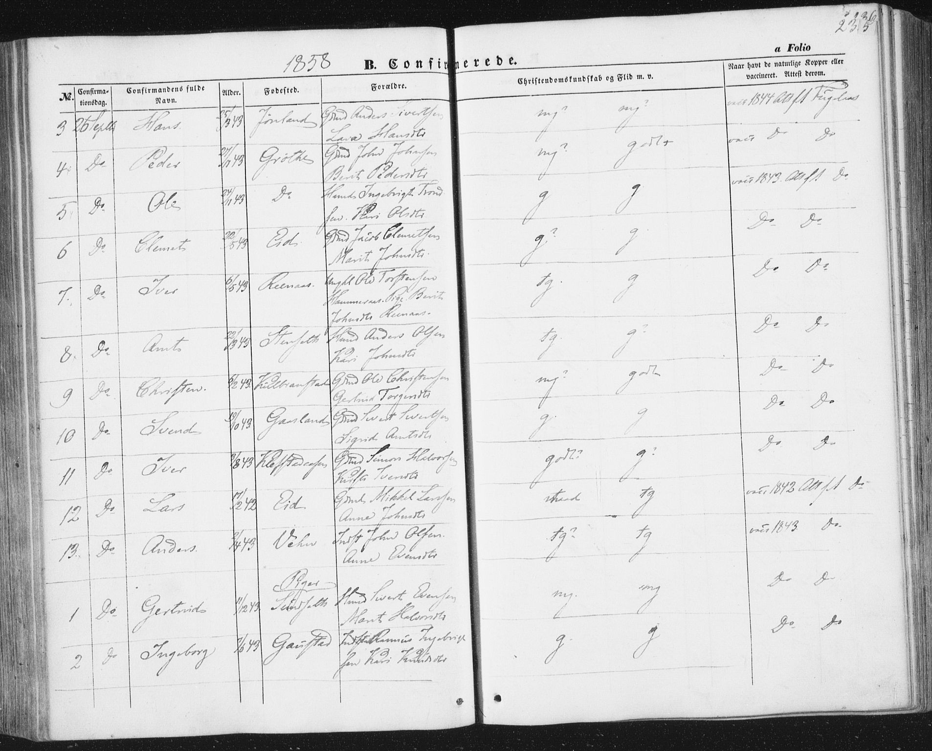 Ministerialprotokoller, klokkerbøker og fødselsregistre - Sør-Trøndelag, SAT/A-1456/691/L1076: Parish register (official) no. 691A08, 1852-1861, p. 235