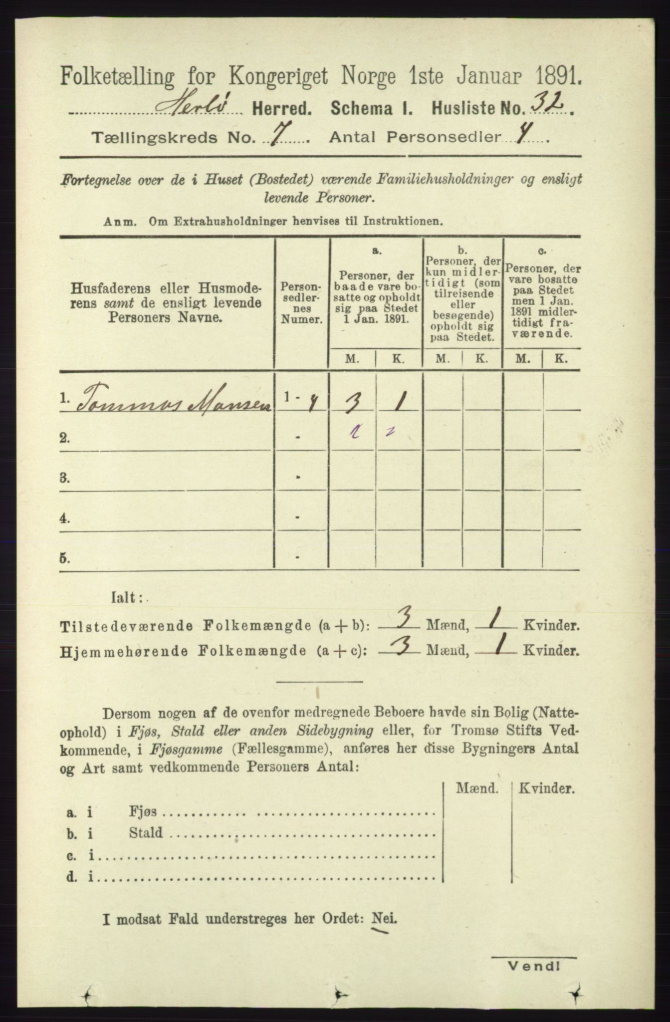 RA, 1891 census for 1258 Herdla, 1891, p. 3090