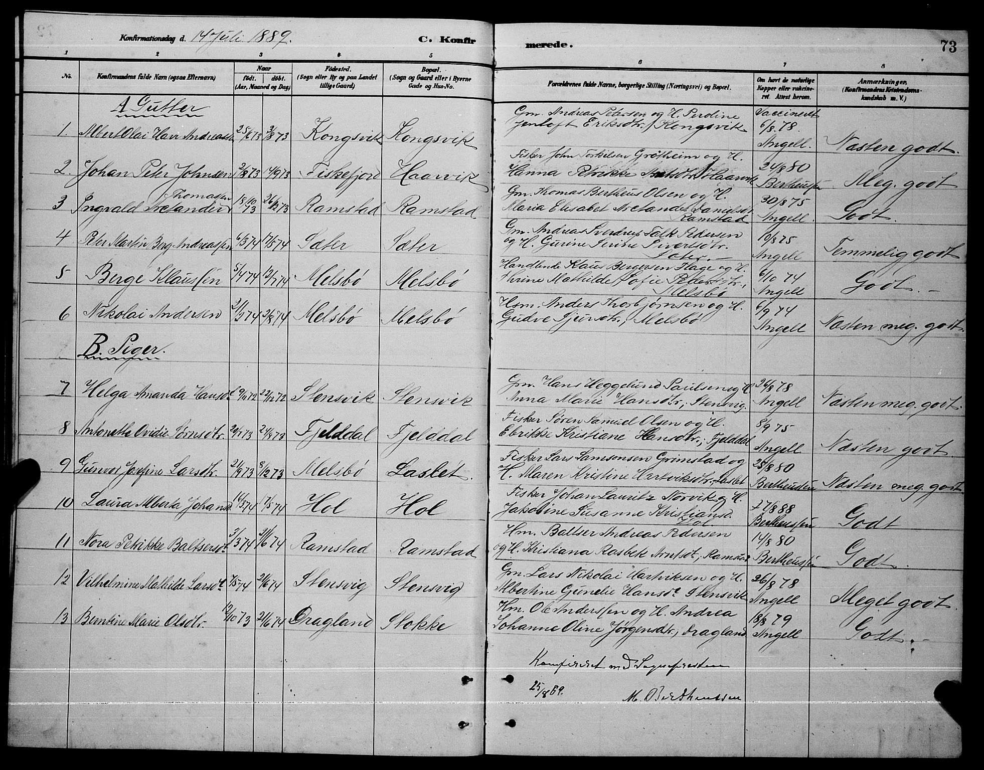 Ministerialprotokoller, klokkerbøker og fødselsregistre - Nordland, AV/SAT-A-1459/865/L0931: Parish register (copy) no. 865C03, 1885-1901, p. 73