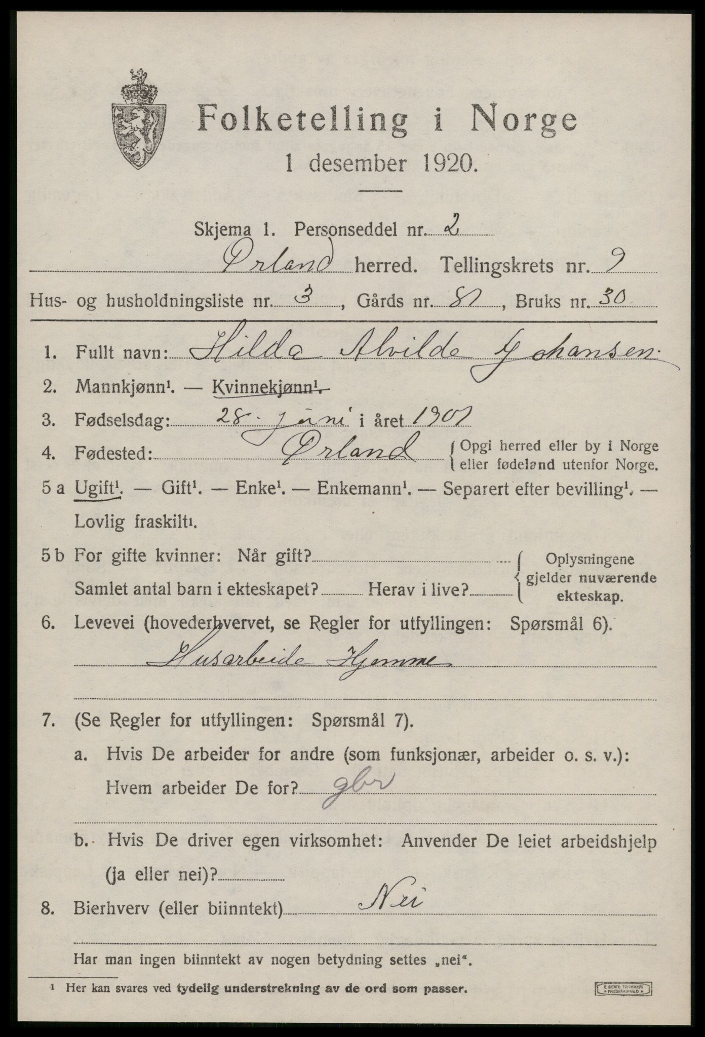 SAT, 1920 census for Ørland, 1920, p. 7867