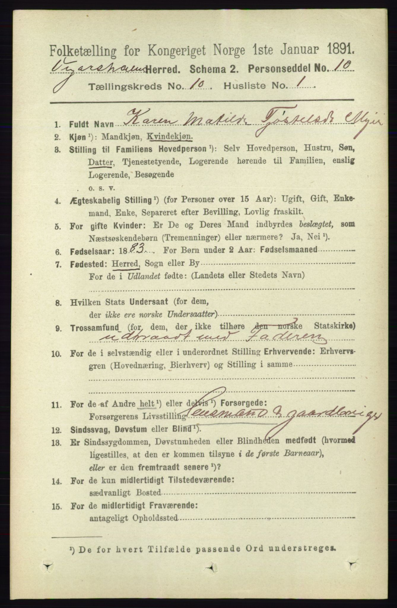 RA, 1891 census for 0912 Vegårshei, 1891, p. 1917