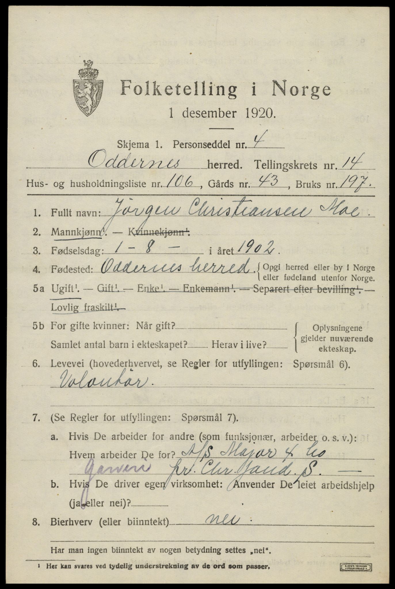 SAK, 1920 census for Oddernes, 1920, p. 9849