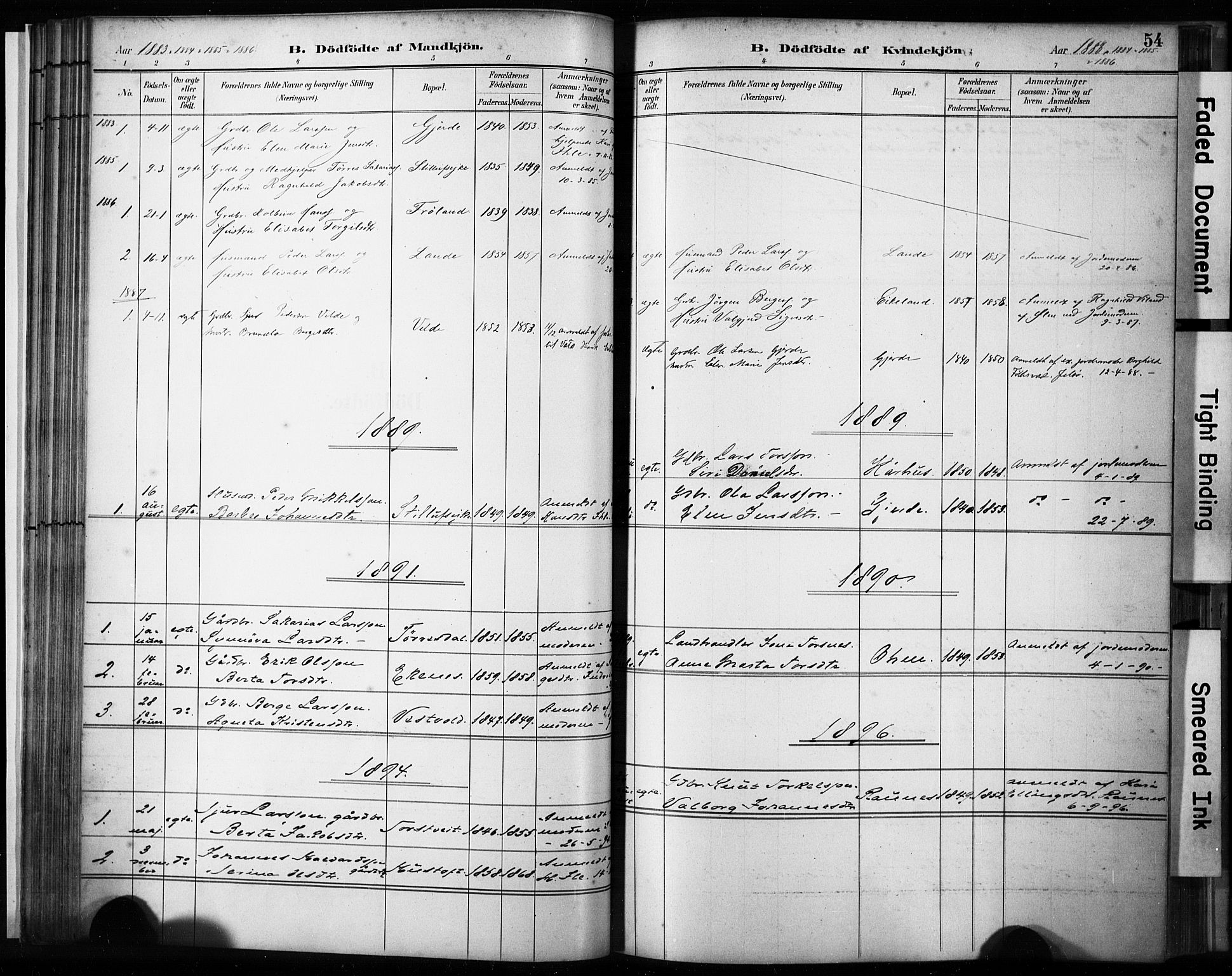 Skjold sokneprestkontor, AV/SAST-A-101847/H/Ha/Haa/L0009: Parish register (official) no. A 9, 1882-1898, p. 54