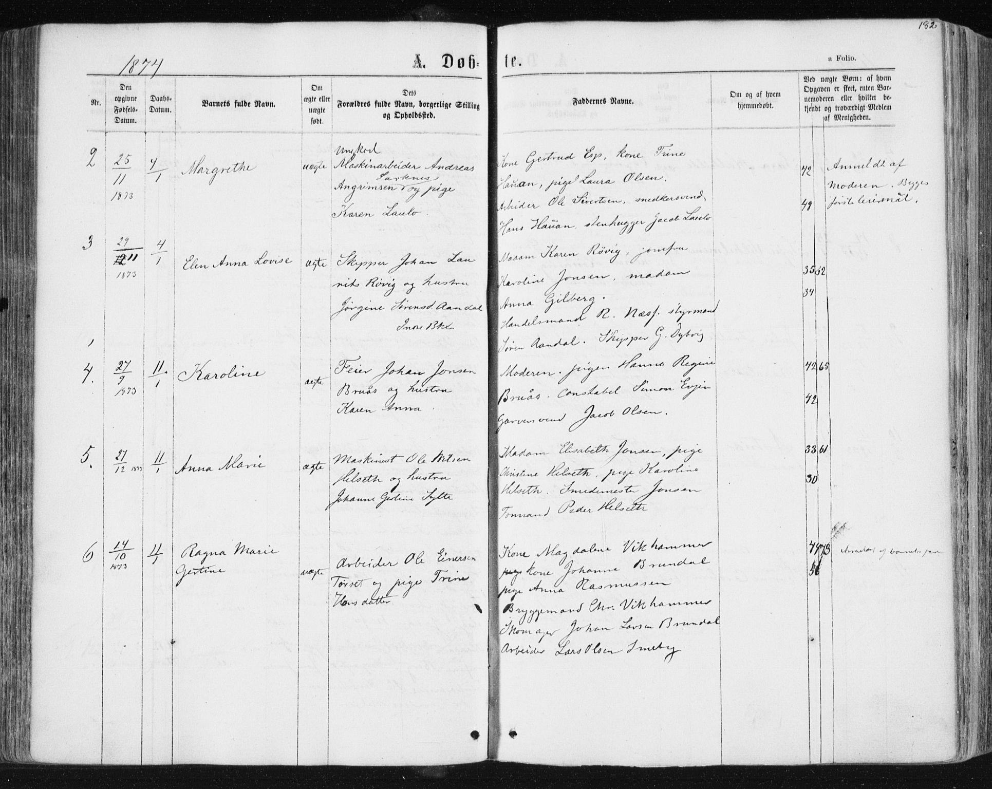 Ministerialprotokoller, klokkerbøker og fødselsregistre - Sør-Trøndelag, SAT/A-1456/604/L0186: Parish register (official) no. 604A07, 1866-1877, p. 182