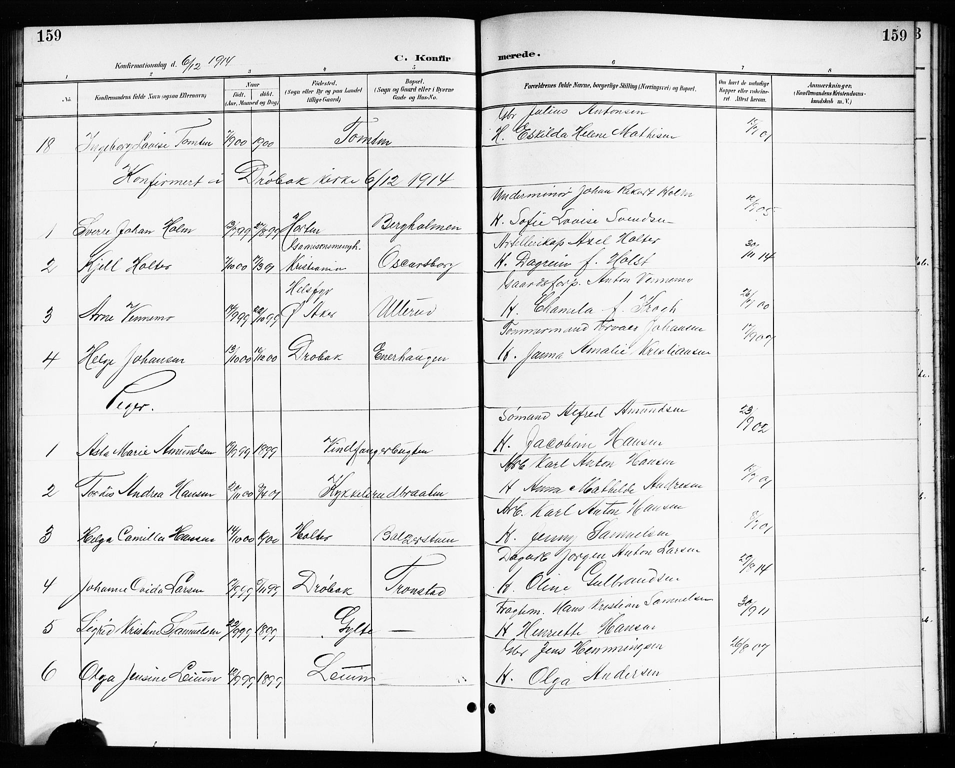 Drøbak prestekontor Kirkebøker, SAO/A-10142a/G/Gb/L0001: Parish register (copy) no. II 1, 1901-1919, p. 159