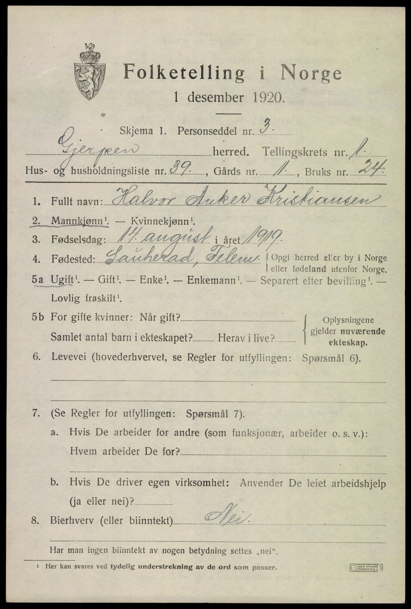 SAKO, 1920 census for Gjerpen, 1920, p. 3096