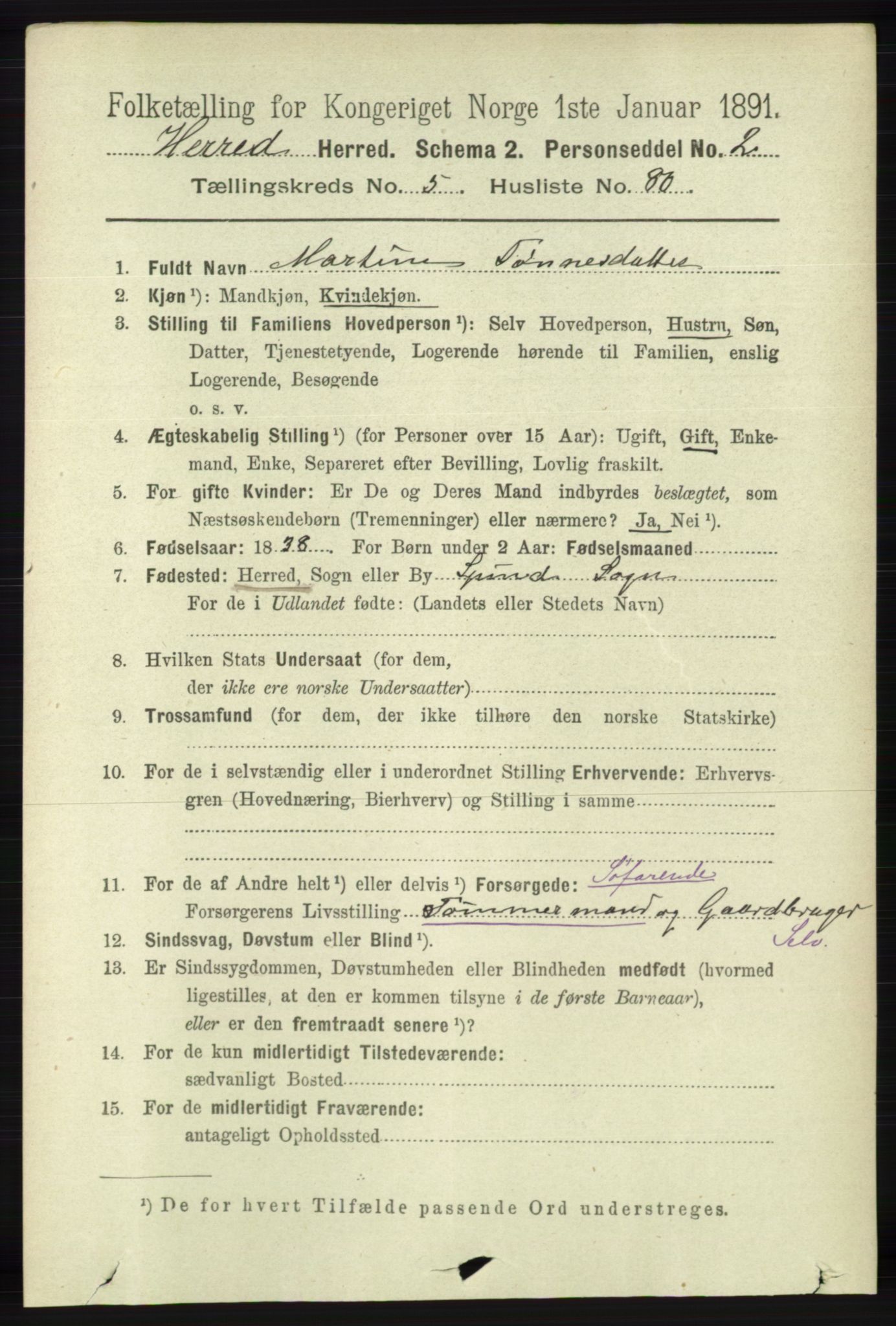 RA, 1891 census for 1039 Herad, 1891, p. 2225