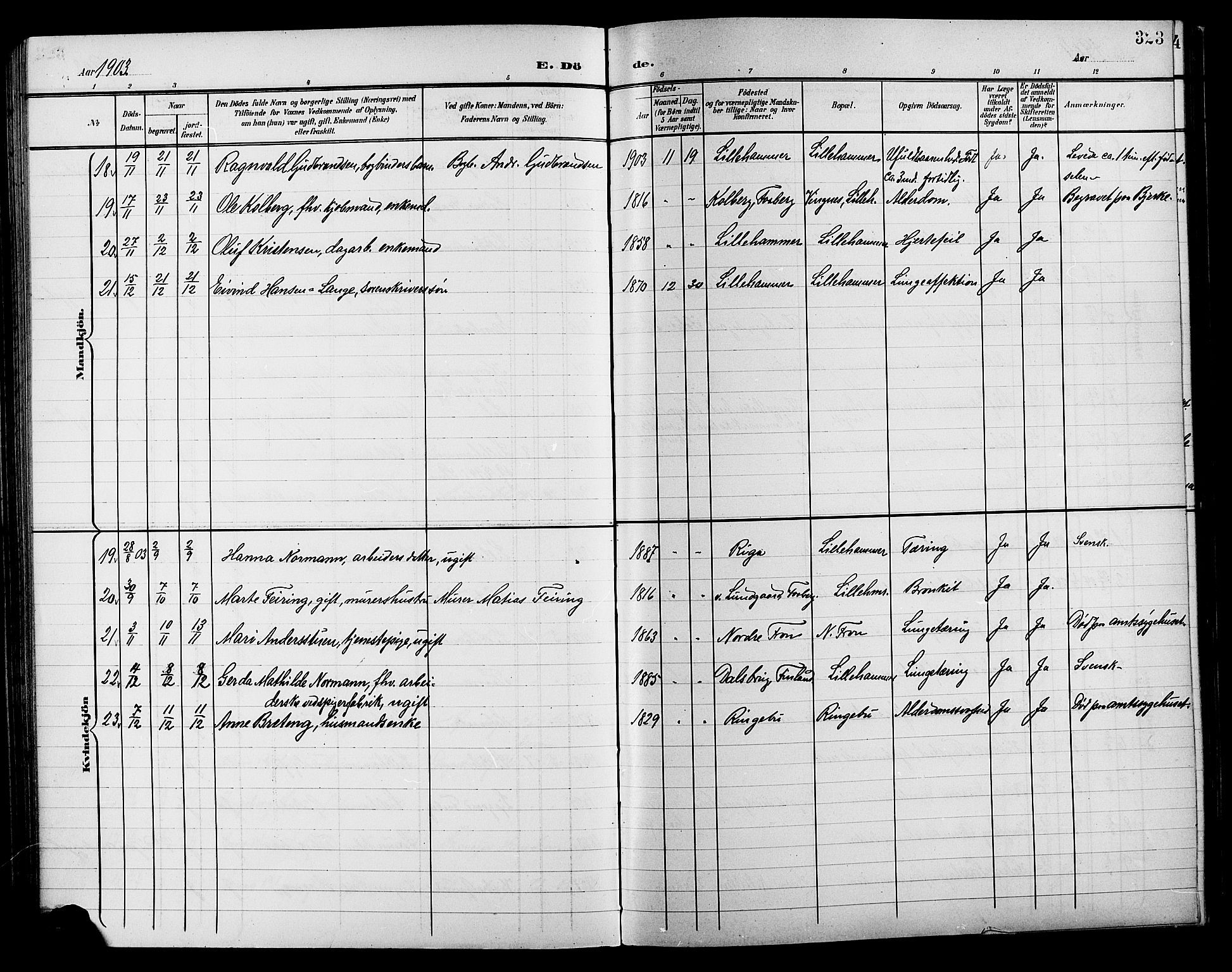 Lillehammer prestekontor, SAH/PREST-088/H/Ha/Hab/L0001: Parish register (copy) no. 1, 1901-1913, p. 323