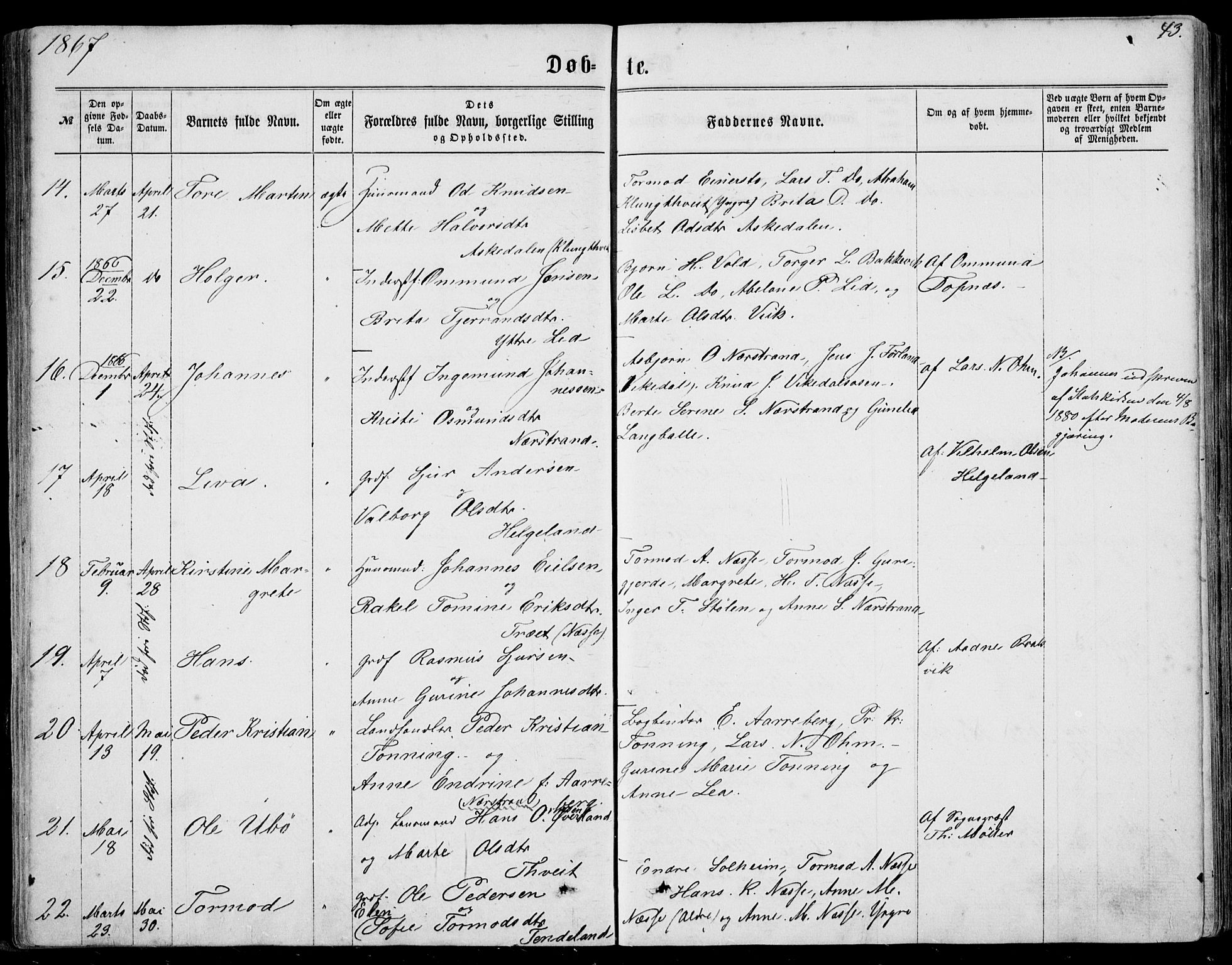 Nedstrand sokneprestkontor, AV/SAST-A-101841/01/IV: Parish register (official) no. A 9, 1861-1876, p. 43