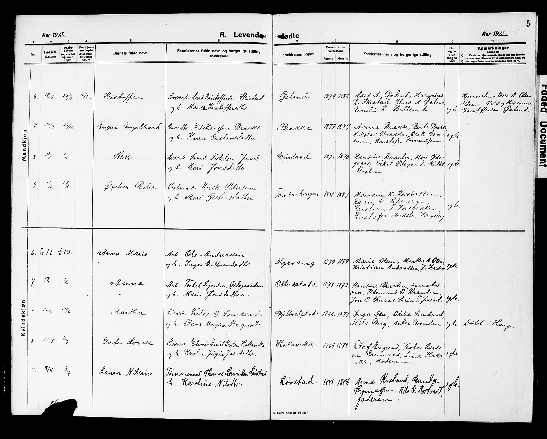 Fiskum kirkebøker, AV/SAKO-A-15/G/Ga/L0006: Parish register (copy) no. 6, 1913-1927, p. 5