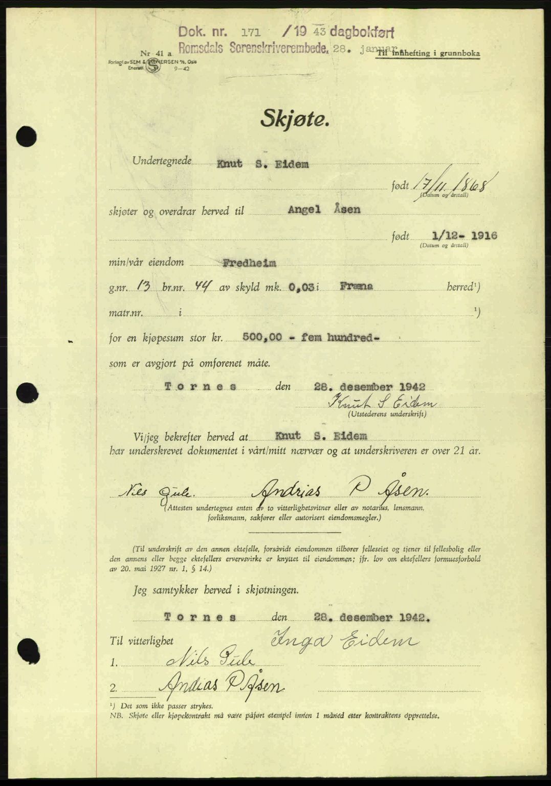 Romsdal sorenskriveri, AV/SAT-A-4149/1/2/2C: Mortgage book no. A13, 1942-1943, Diary no: : 171/1943