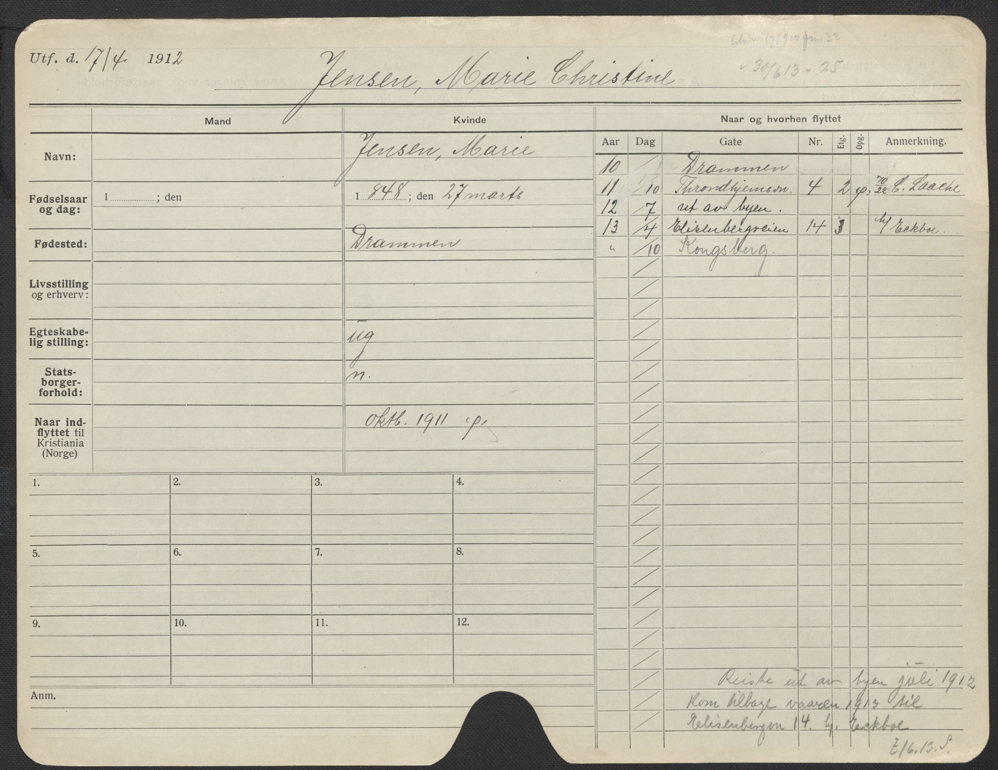 Oslo folkeregister, Registerkort, AV/SAO-A-11715/F/Fa/Fac/L0017: Kvinner, 1906-1914, p. 497a