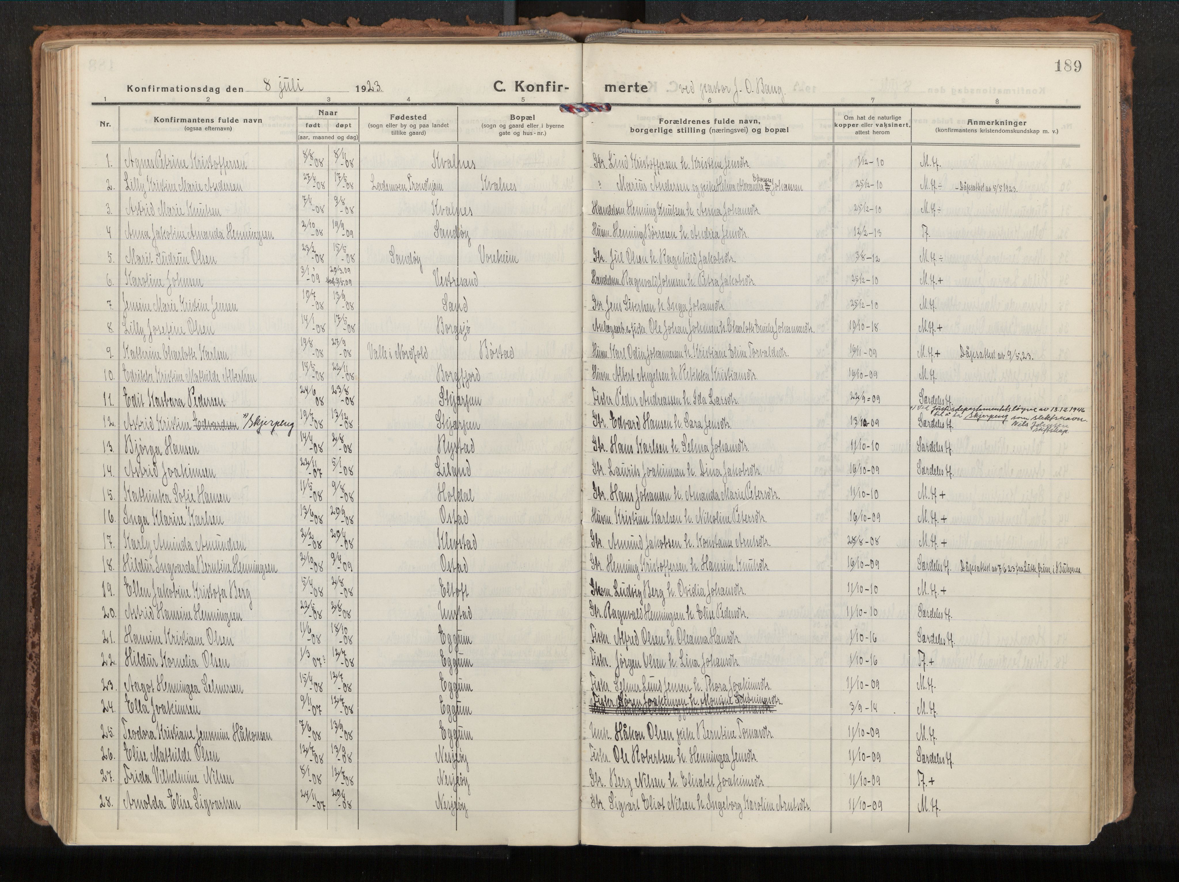Ministerialprotokoller, klokkerbøker og fødselsregistre - Nordland, SAT/A-1459/880/L1136: Parish register (official) no. 880A10, 1919-1927, p. 189