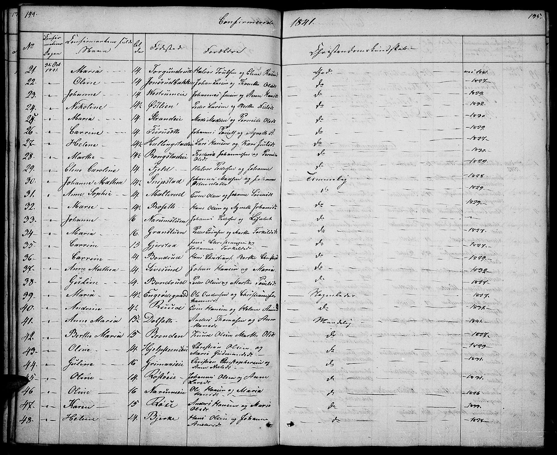 Vestre Toten prestekontor, SAH/PREST-108/H/Ha/Haa/L0003: Parish register (official) no. 3, 1836-1843, p. 194-195