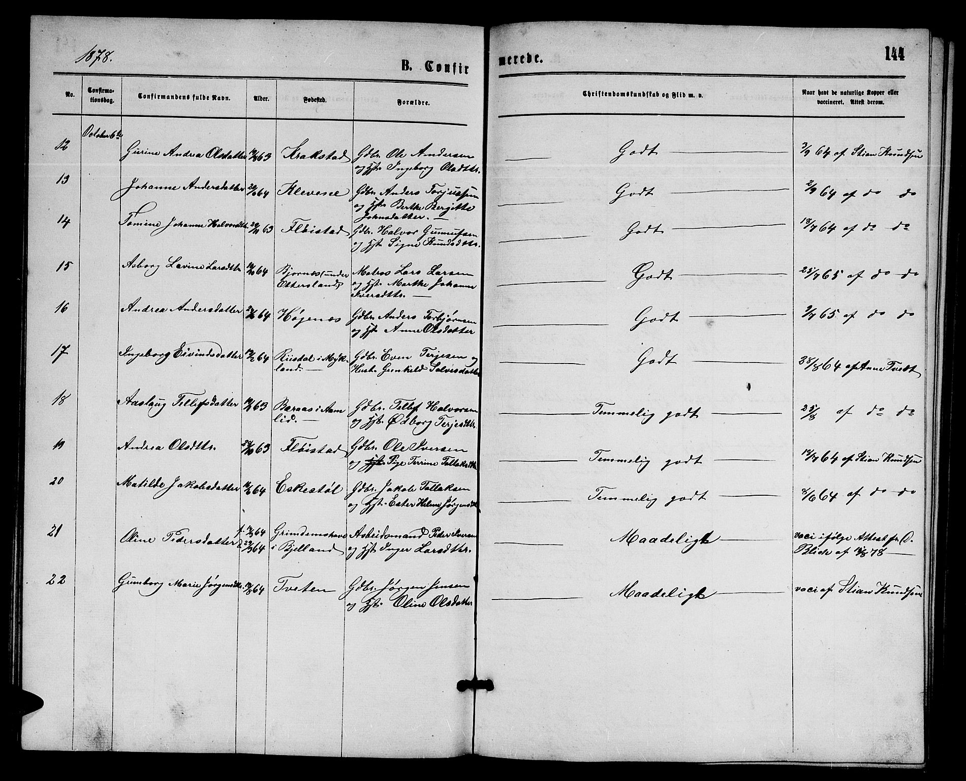 Austre Moland sokneprestkontor, SAK/1111-0001/F/Fb/Fba/L0002: Parish register (copy) no. B 2, 1869-1879, p. 144