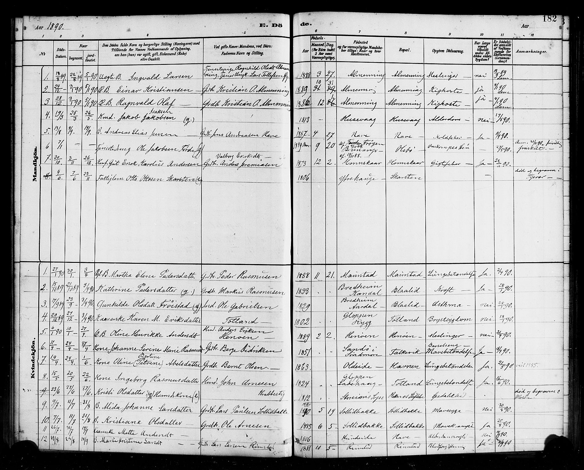 Davik sokneprestembete, AV/SAB-A-79701/H/Haa/Haad/L0001: Parish register (official) no. D 1, 1882-1900, p. 182