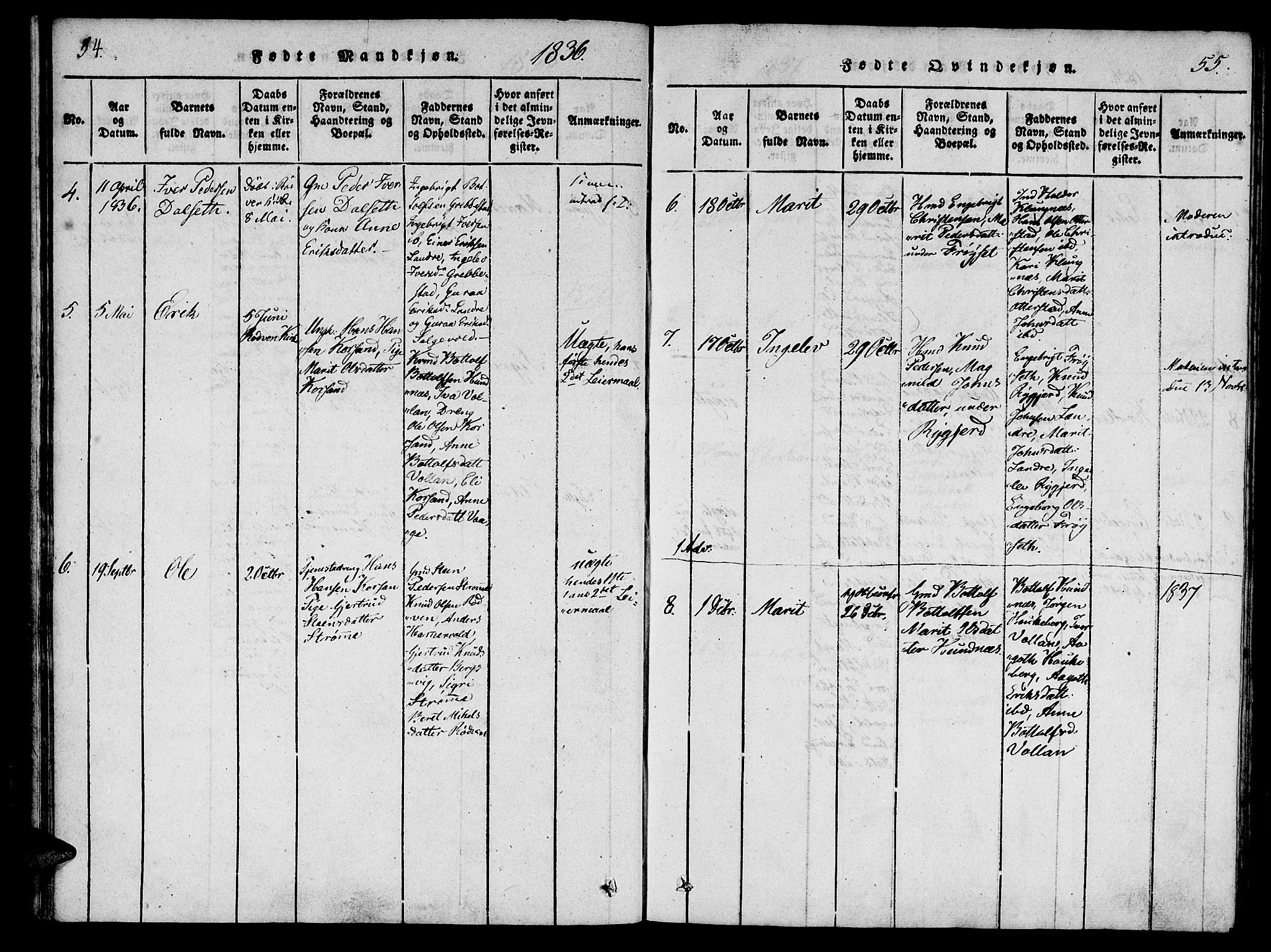 Ministerialprotokoller, klokkerbøker og fødselsregistre - Møre og Romsdal, SAT/A-1454/548/L0612: Parish register (official) no. 548A01, 1818-1846, p. 54-55